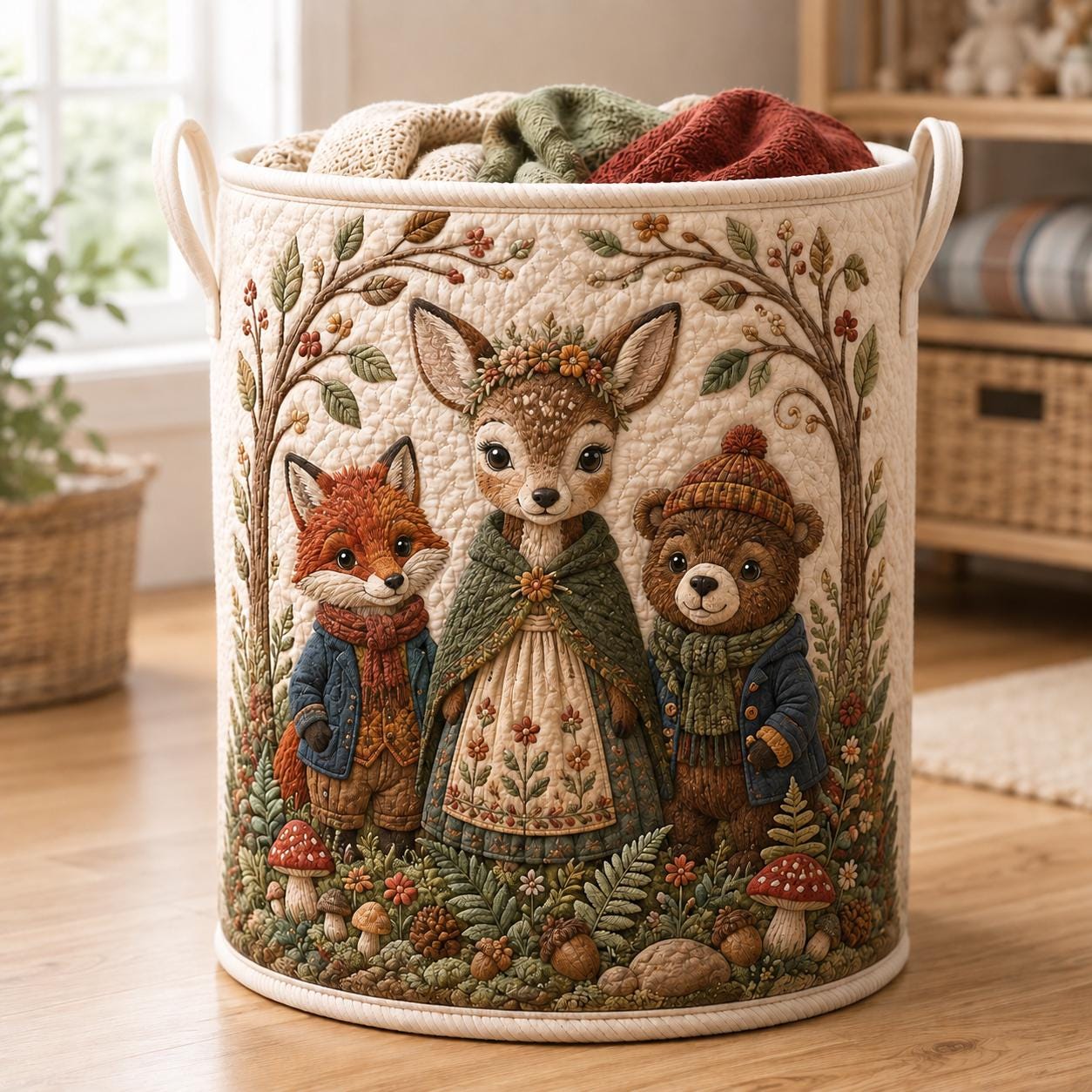 Animal Laundry Basket with Quilt Style Woodland Hamper, Highland Cow Cat Nursery Storage Bin, Kids Organizer, and Animal Lover Gift
