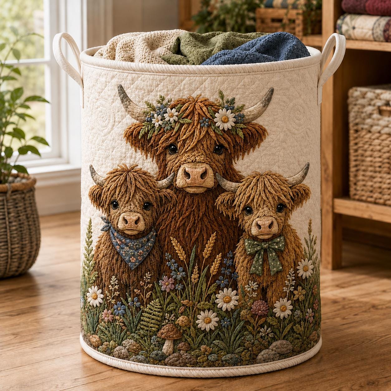 Animal Laundry Basket with Quilt Style Woodland Hamper, Highland Cow Cat Nursery Storage Bin, Kids Organizer, and Animal Lover Gift - photo 2