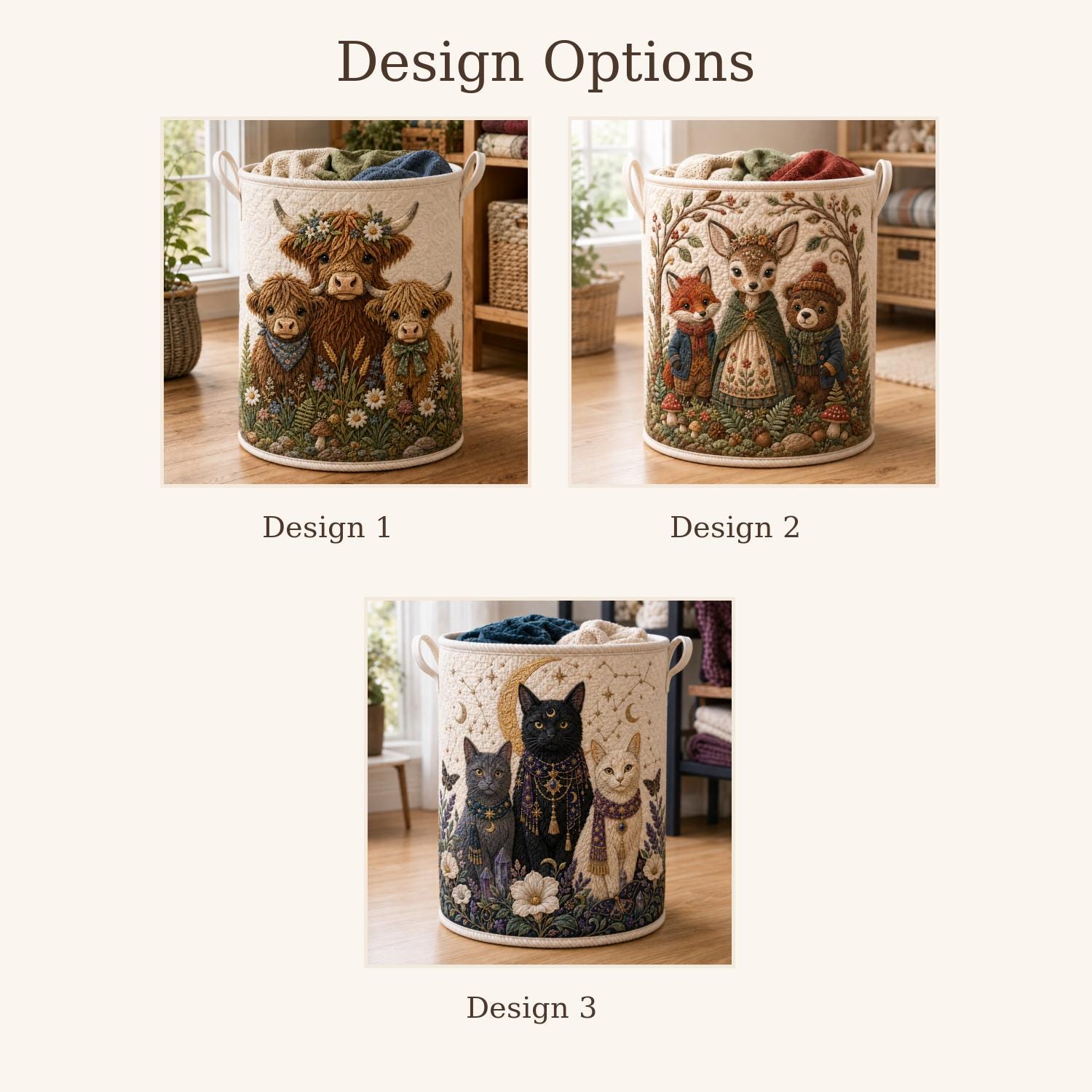 Animal Laundry Basket with Quilt Style Woodland Hamper, Highland Cow Cat Nursery Storage Bin, Kids Organizer, and Animal Lover Gift - photo 4