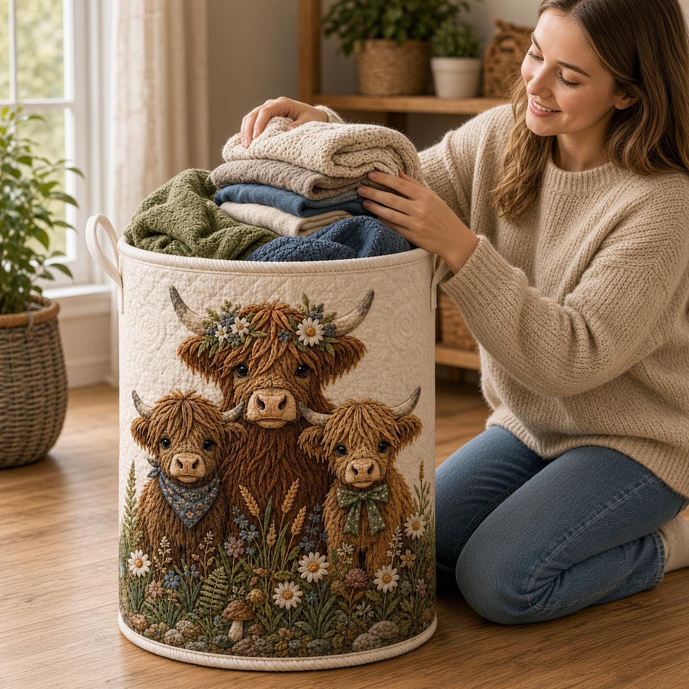 Animal Laundry Basket with Quilt Style Woodland Hamper, Highland Cow Cat Nursery Storage Bin, Kids Organizer, and Animal Lover Gift - photo 7
