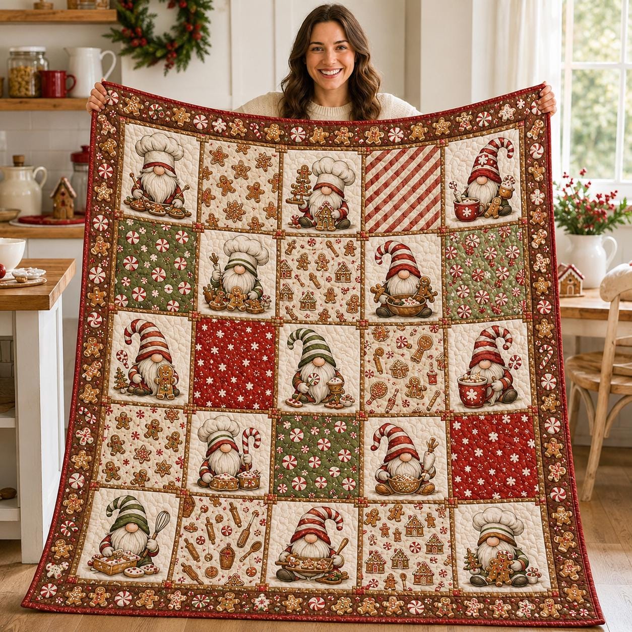 Christmas Gnome Blanket with Woodland Patchwork Throw, Forest Animal Quilt Style Blanket, Rustic Holiday Cabin Decor, and Gnome Lover Gift
