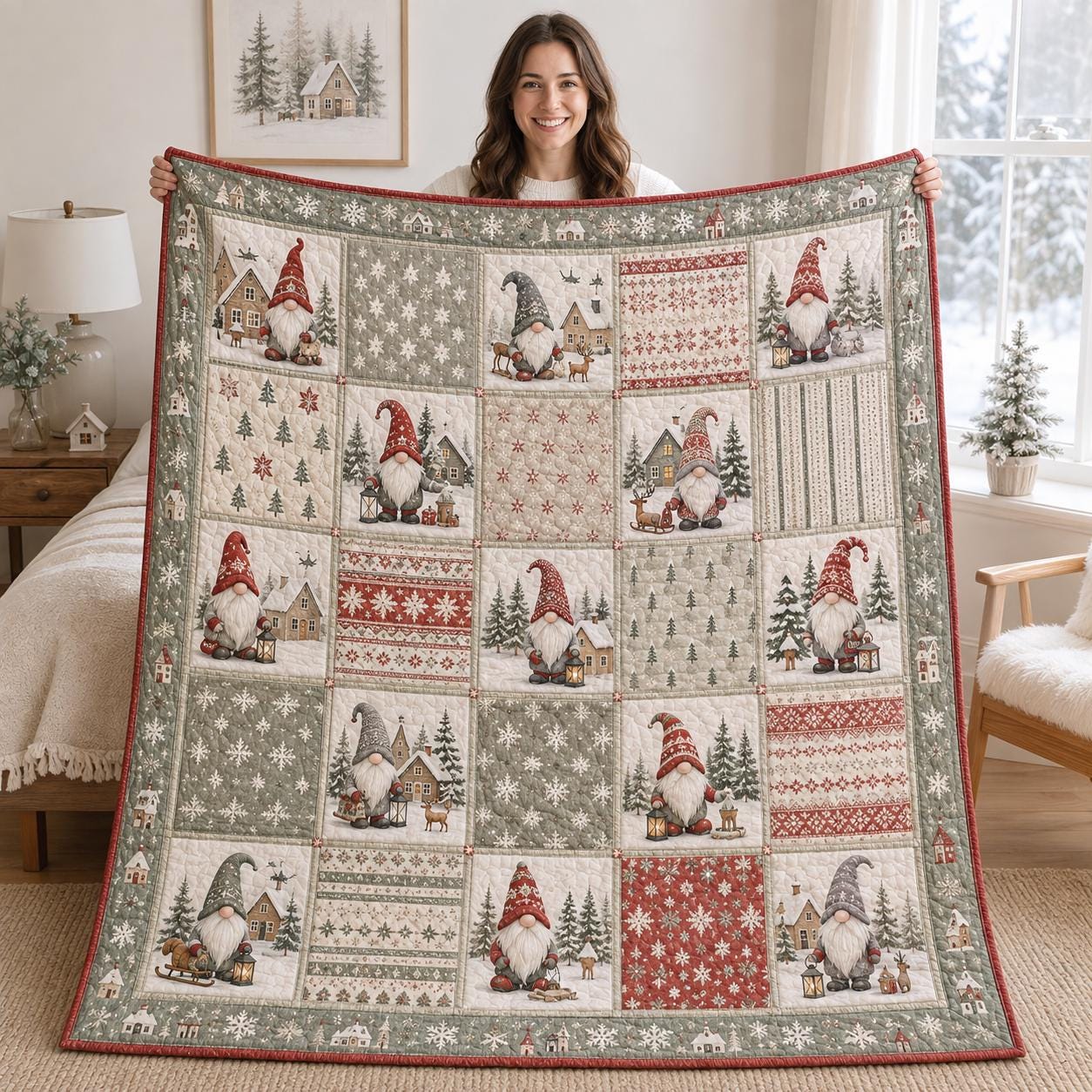 Christmas Gnome Blanket with Woodland Patchwork Throw, Forest Animal Quilt Style Blanket, Rustic Holiday Cabin Decor, and Gnome Lover Gift - photo 2