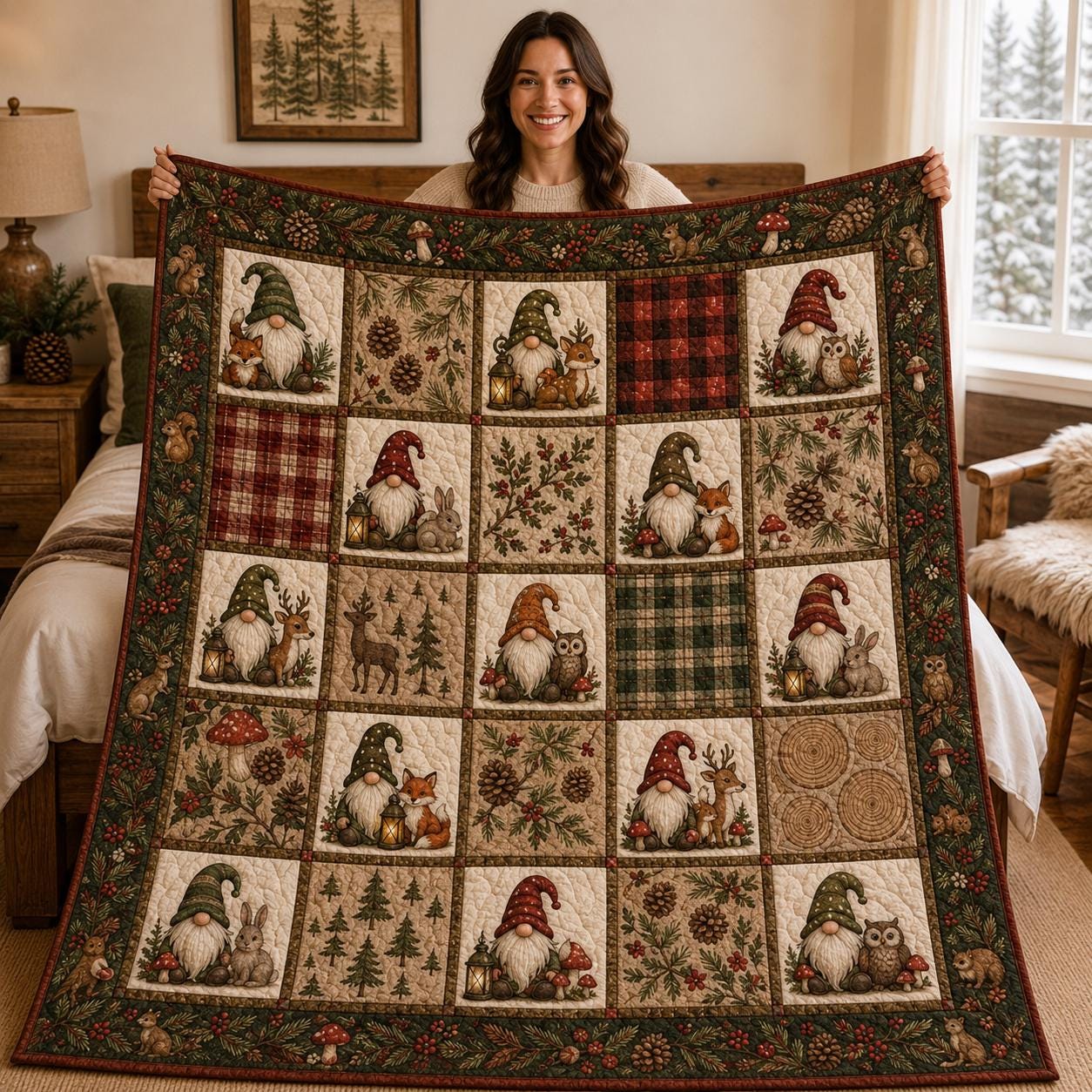 Christmas Gnome Blanket with Woodland Patchwork Throw, Forest Animal Quilt Style Blanket, Rustic Holiday Cabin Decor, and Gnome Lover Gift - photo 3