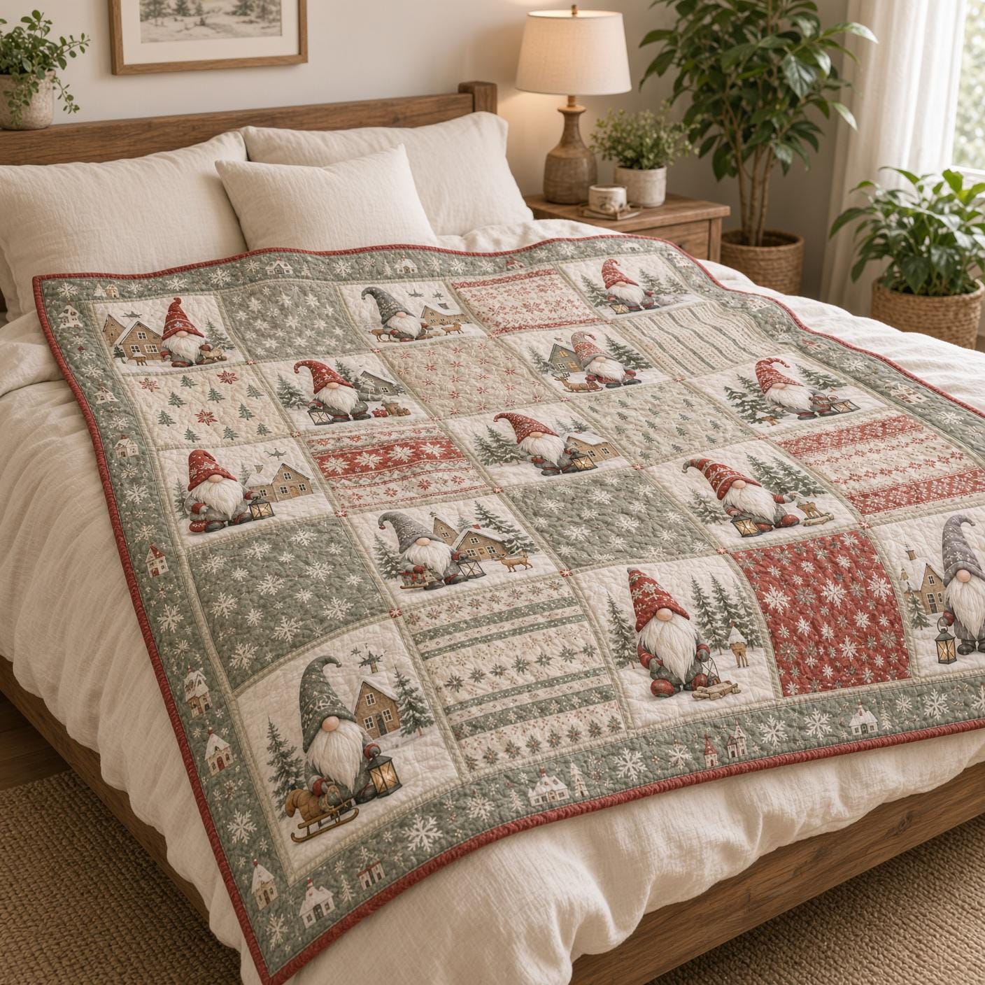 Christmas Gnome Blanket with Woodland Patchwork Throw, Forest Animal Quilt Style Blanket, Rustic Holiday Cabin Decor, and Gnome Lover Gift - photo 7