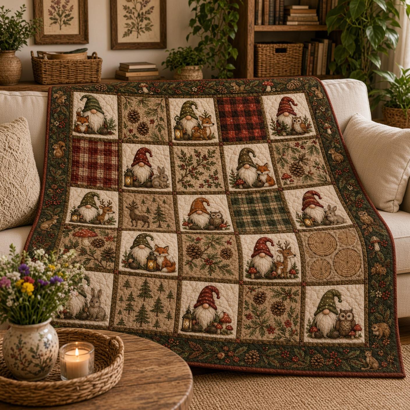 Christmas Gnome Blanket with Woodland Patchwork Throw, Forest Animal Quilt Style Blanket, Rustic Holiday Cabin Decor, and Gnome Lover Gift - photo 8