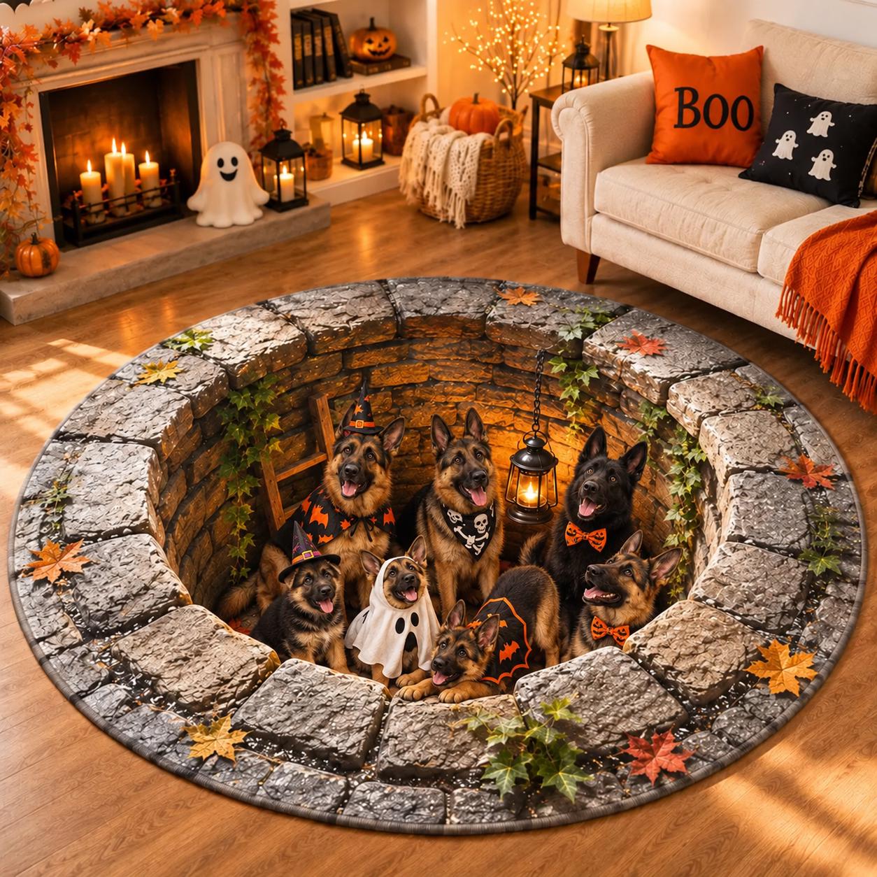 Golden Retriever Halloween Round Rug with 3D Illusion Quilted Dog Pit Floor Mat and Cute Spooky Puppy Home Decor