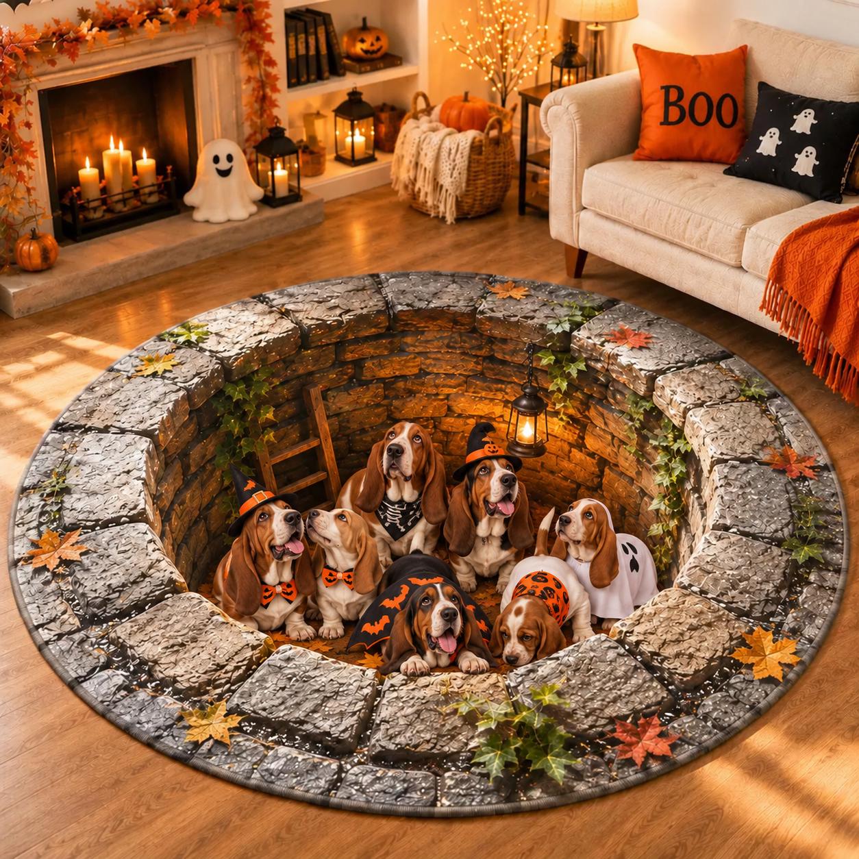 Golden Retriever Halloween Round Rug with 3D Illusion Quilted Dog Pit Floor Mat and Cute Spooky Puppy Home Decor - photo 2