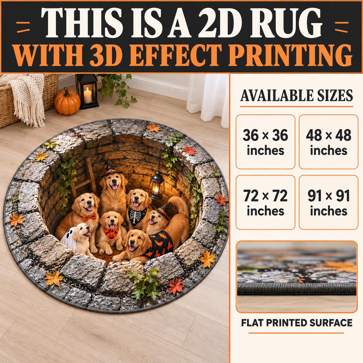 Golden Retriever Halloween Round Rug with 3D Illusion Quilted Dog Pit Floor Mat and Cute Spooky Puppy Home Decor - photo 3