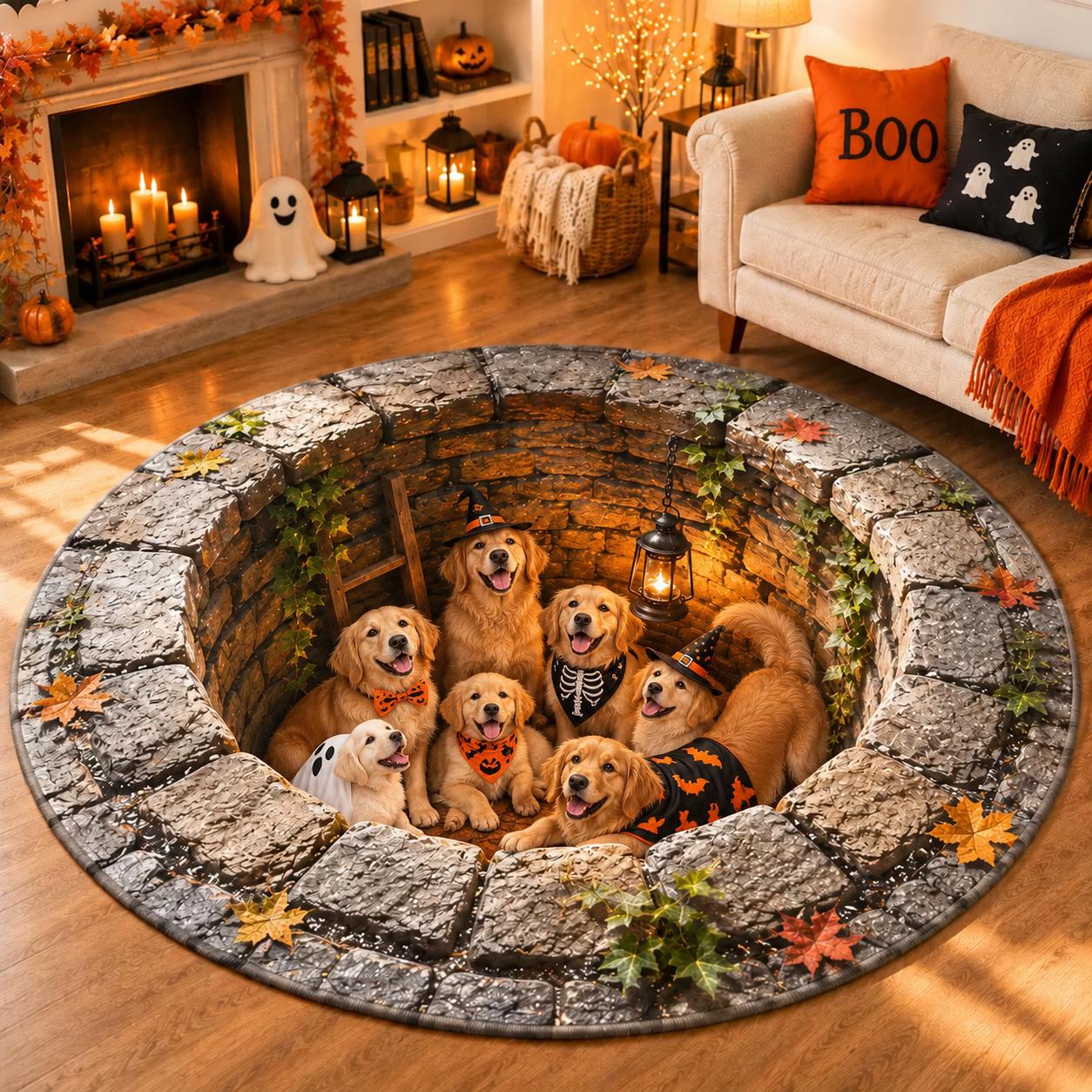 Golden Retriever Halloween Round Rug with 3D Illusion Quilted Dog Pit Floor Mat and Cute Spooky Puppy Home Decor - photo 5