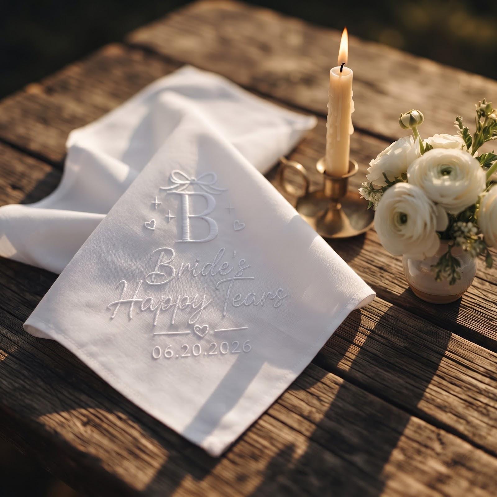 Personalized Bride Happy Tears Handkerchief with Embroidered Initial Wedding Hanky, Custom Date Bridal Gift, and Bride Wedding Day Keepsake