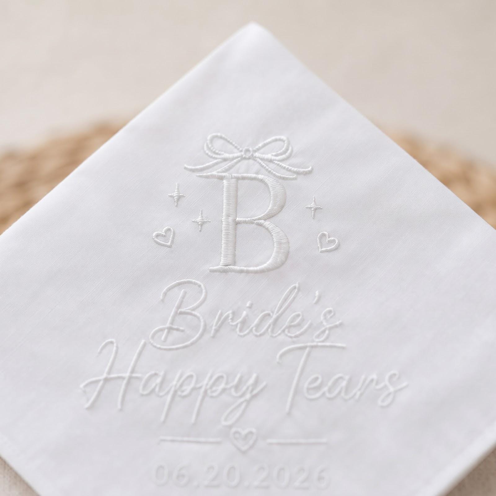 Personalized Bride Happy Tears Handkerchief with Embroidered Initial Wedding Hanky, Custom Date Bridal Gift, and Bride Wedding Day Keepsake - photo 2