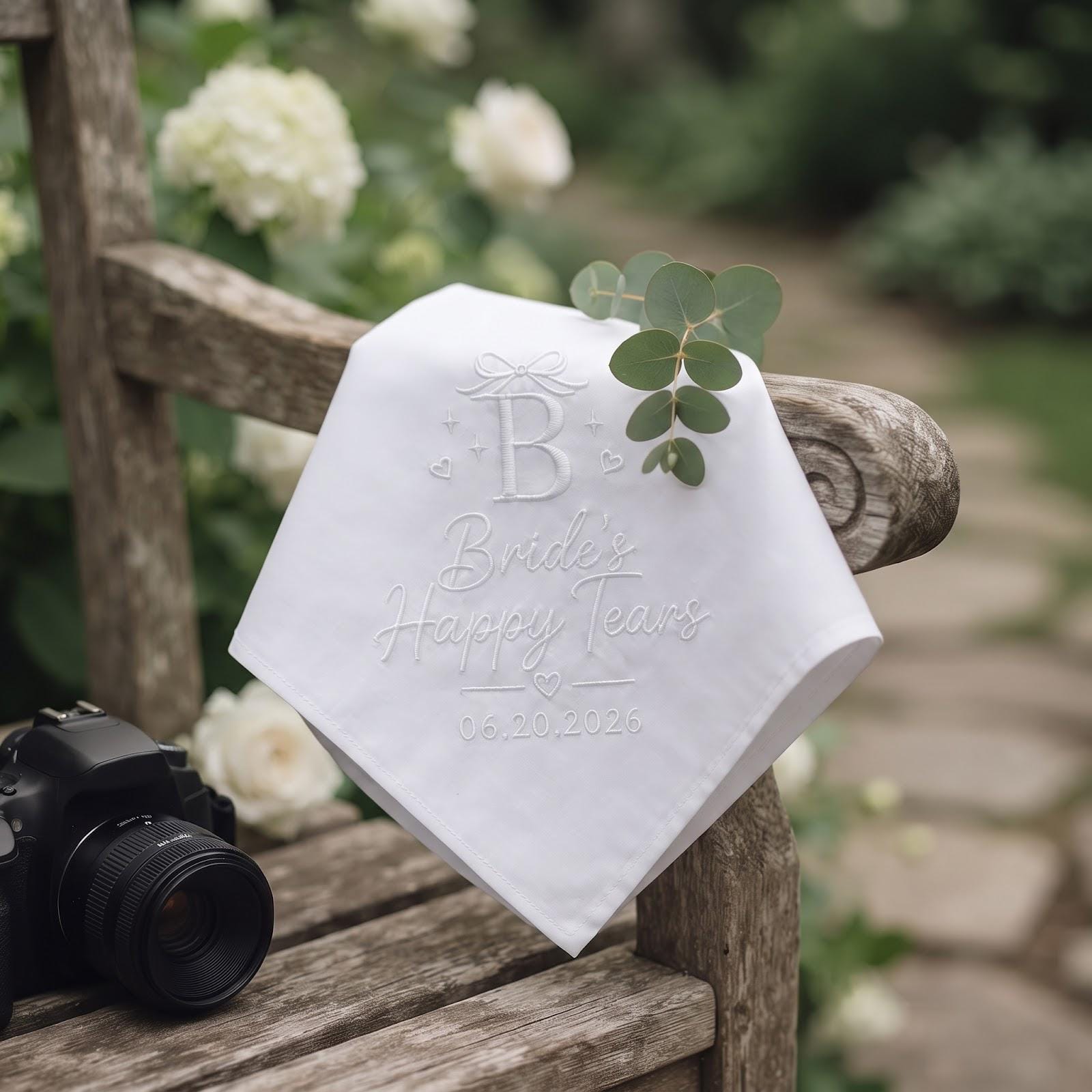 Personalized Bride Happy Tears Handkerchief with Embroidered Initial Wedding Hanky, Custom Date Bridal Gift, and Bride Wedding Day Keepsake - photo 3