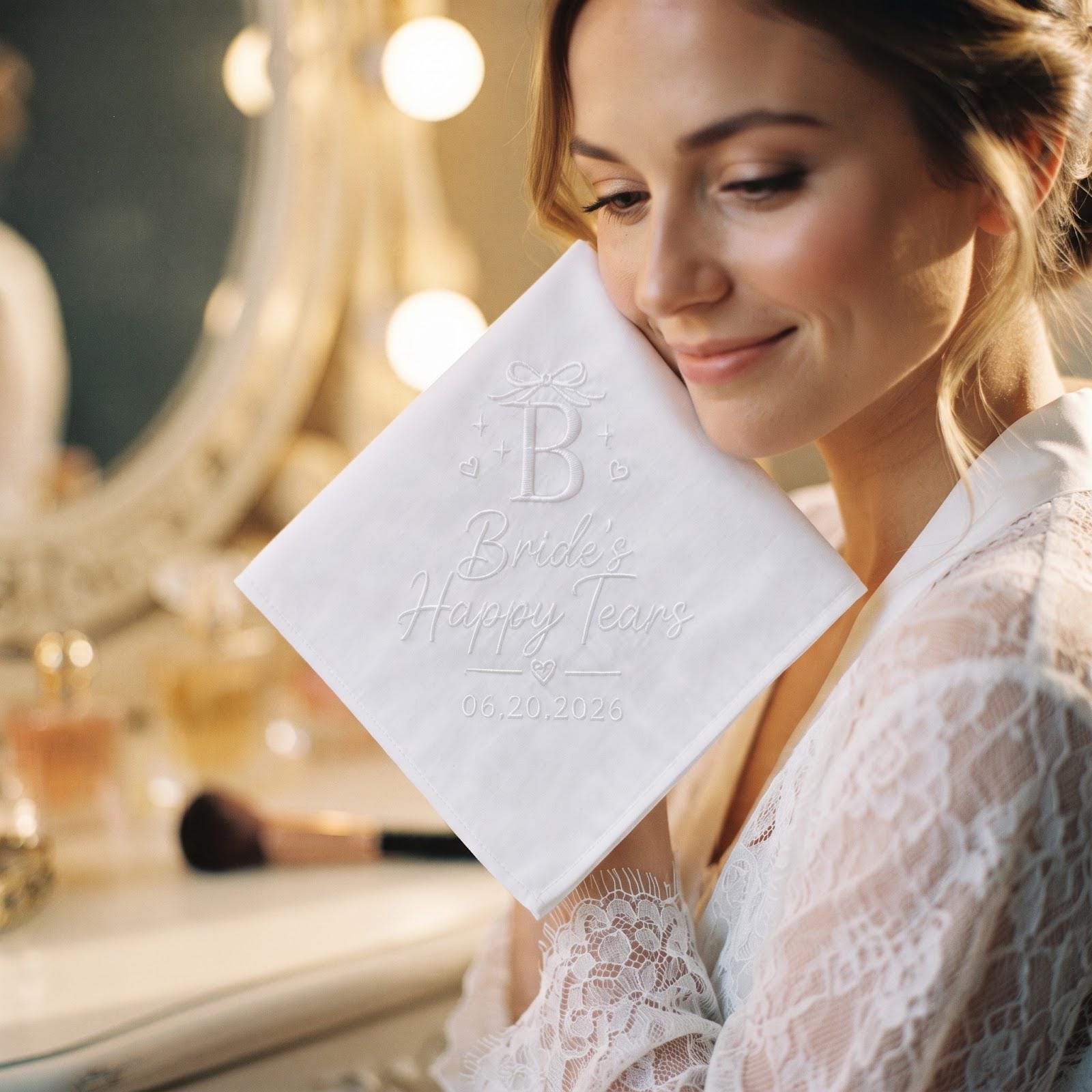 Personalized Bride Happy Tears Handkerchief with Embroidered Initial Wedding Hanky, Custom Date Bridal Gift, and Bride Wedding Day Keepsake - photo 7