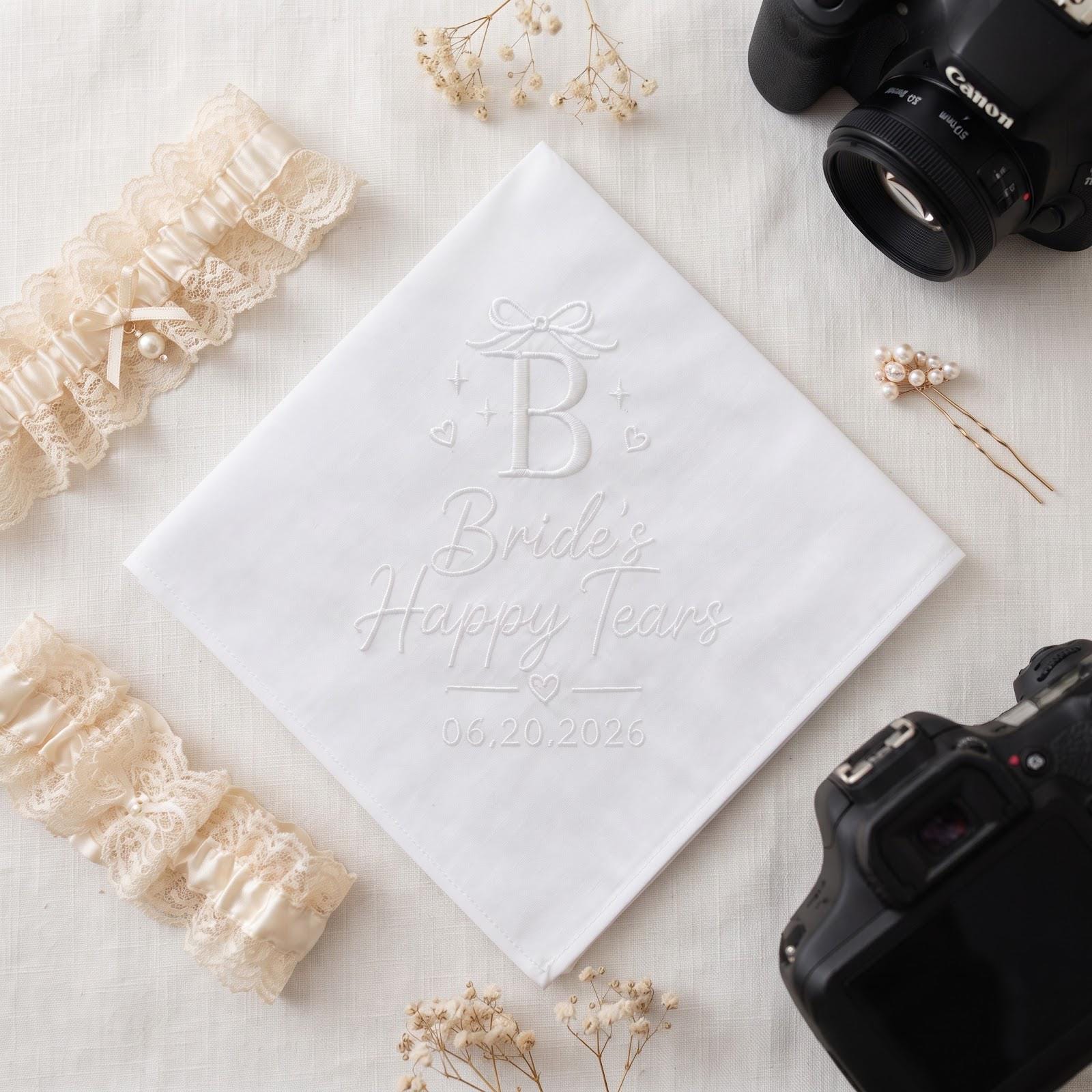 Personalized Bride Happy Tears Handkerchief with Embroidered Initial Wedding Hanky, Custom Date Bridal Gift, and Bride Wedding Day Keepsake - photo 8