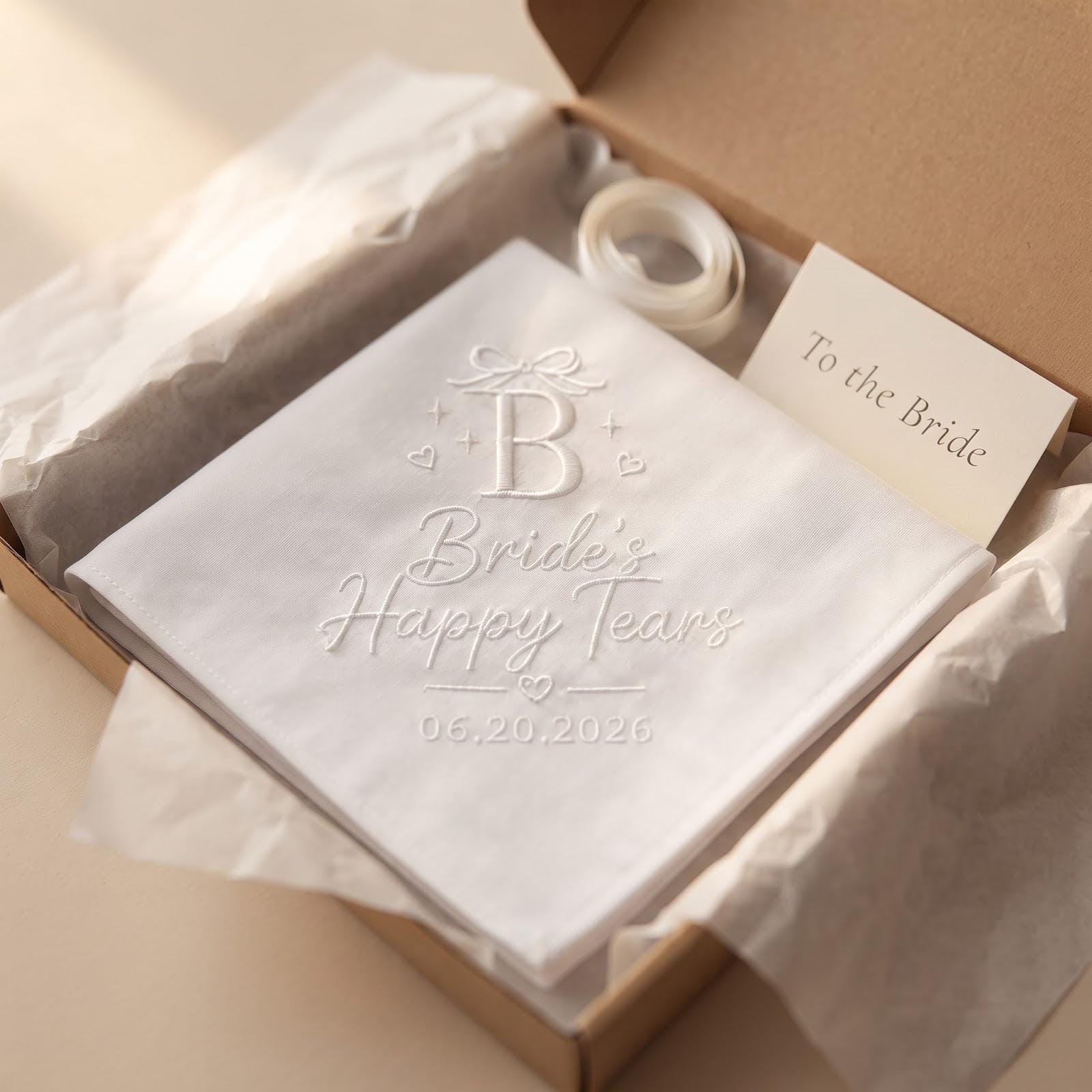 Personalized Bride Happy Tears Handkerchief with Embroidered Initial Wedding Hanky, Custom Date Bridal Gift, and Bride Wedding Day Keepsake - photo 9