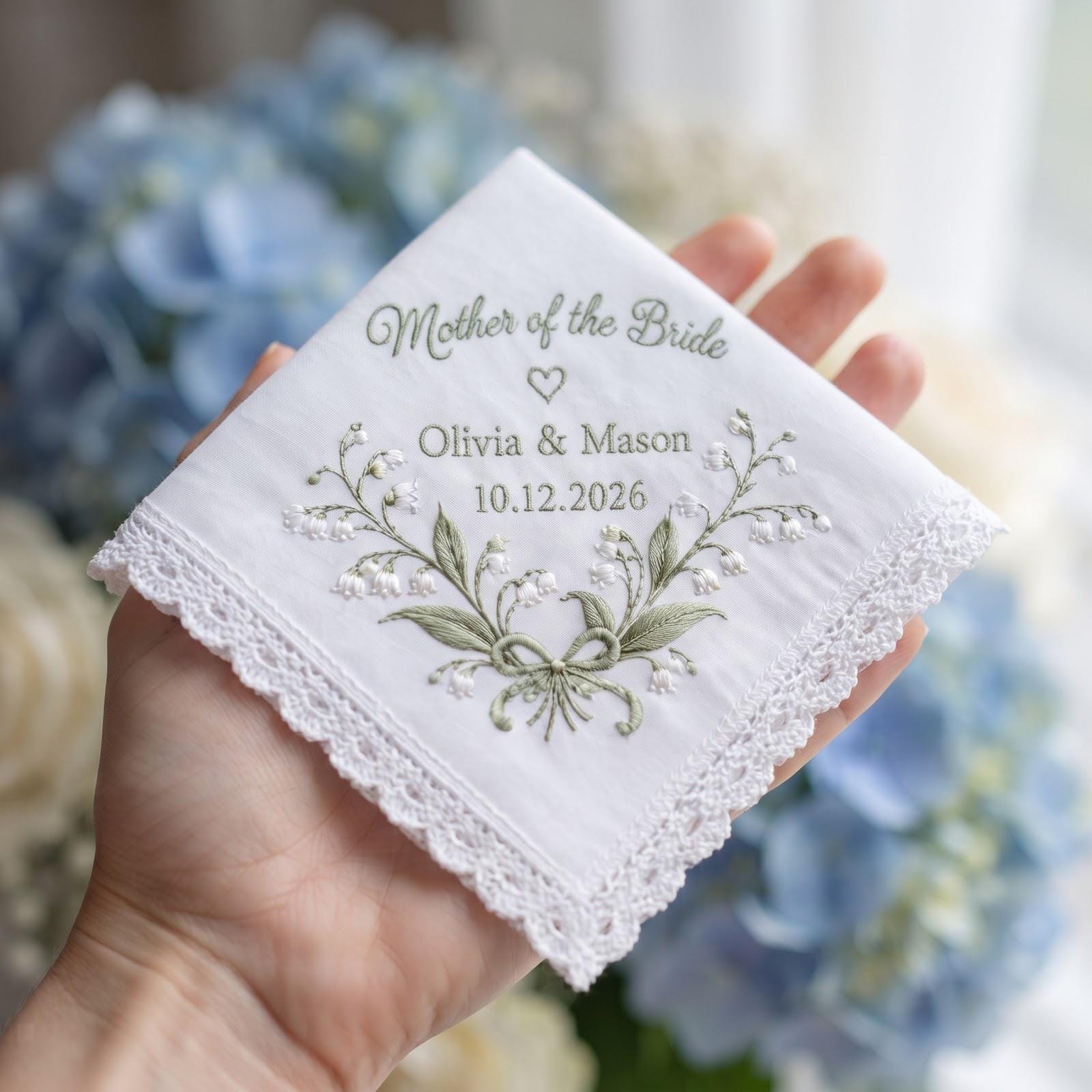 Embroidered Mother of the Bride and Groom Handkerchief – Personalized Wedding Hanky with Names and Date Floral Bridal Keepsake Gift for Mom