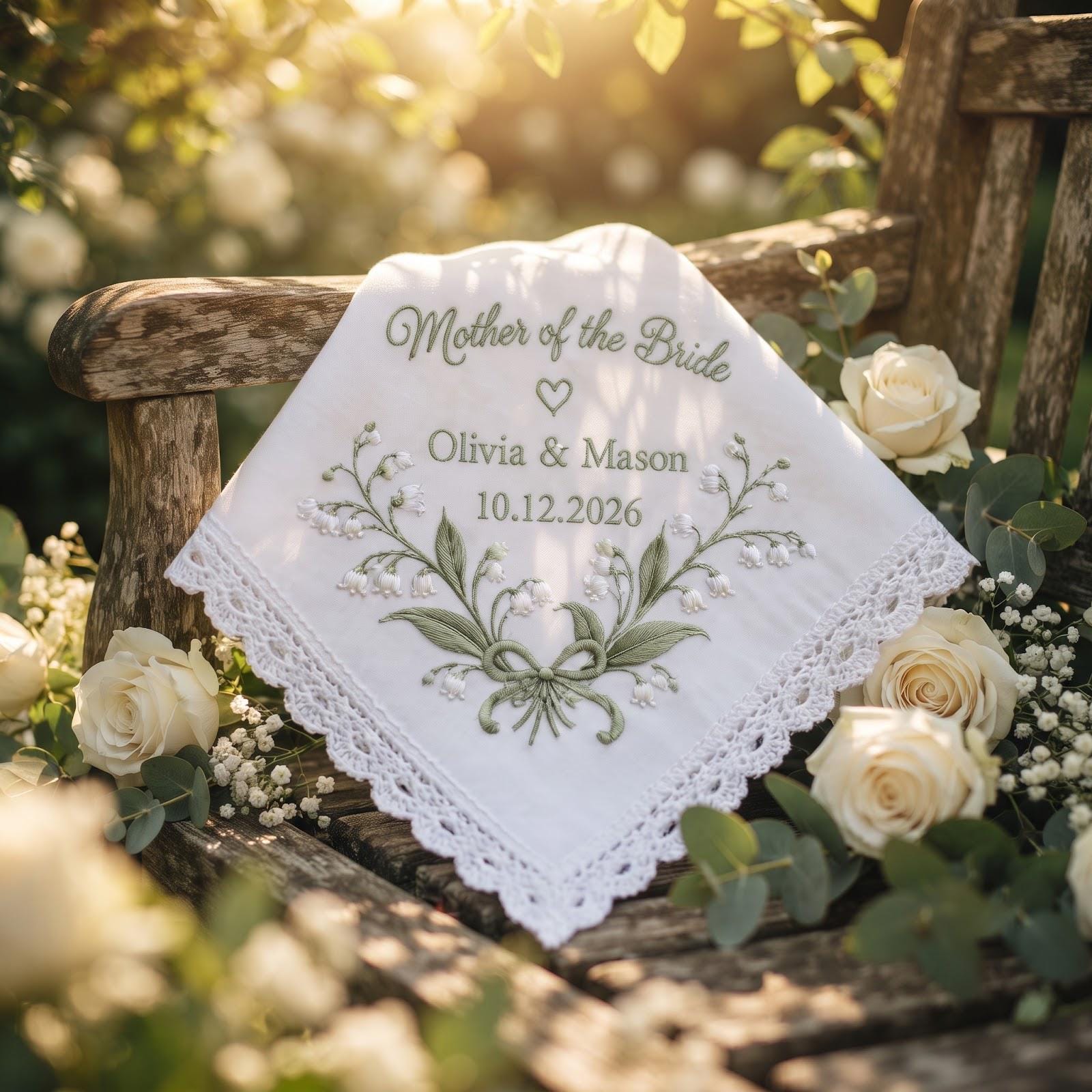Embroidered Mother of the Bride and Groom Handkerchief – Personalized Wedding Hanky with Names and Date Floral Bridal Keepsake Gift for Mom - photo 5