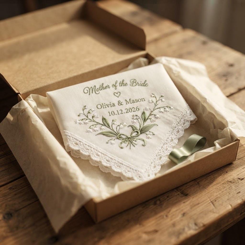 Embroidered Mother of the Bride and Groom Handkerchief – Personalized Wedding Hanky with Names and Date Floral Bridal Keepsake Gift for Mom - photo 6