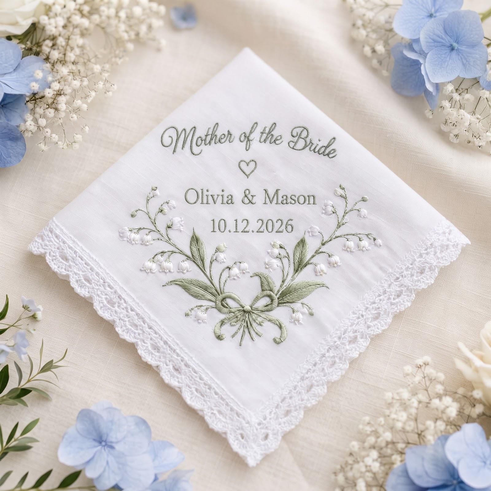 Embroidered Mother of the Bride and Groom Handkerchief – Personalized Wedding Hanky with Names and Date Floral Bridal Keepsake Gift for Mom - photo 7