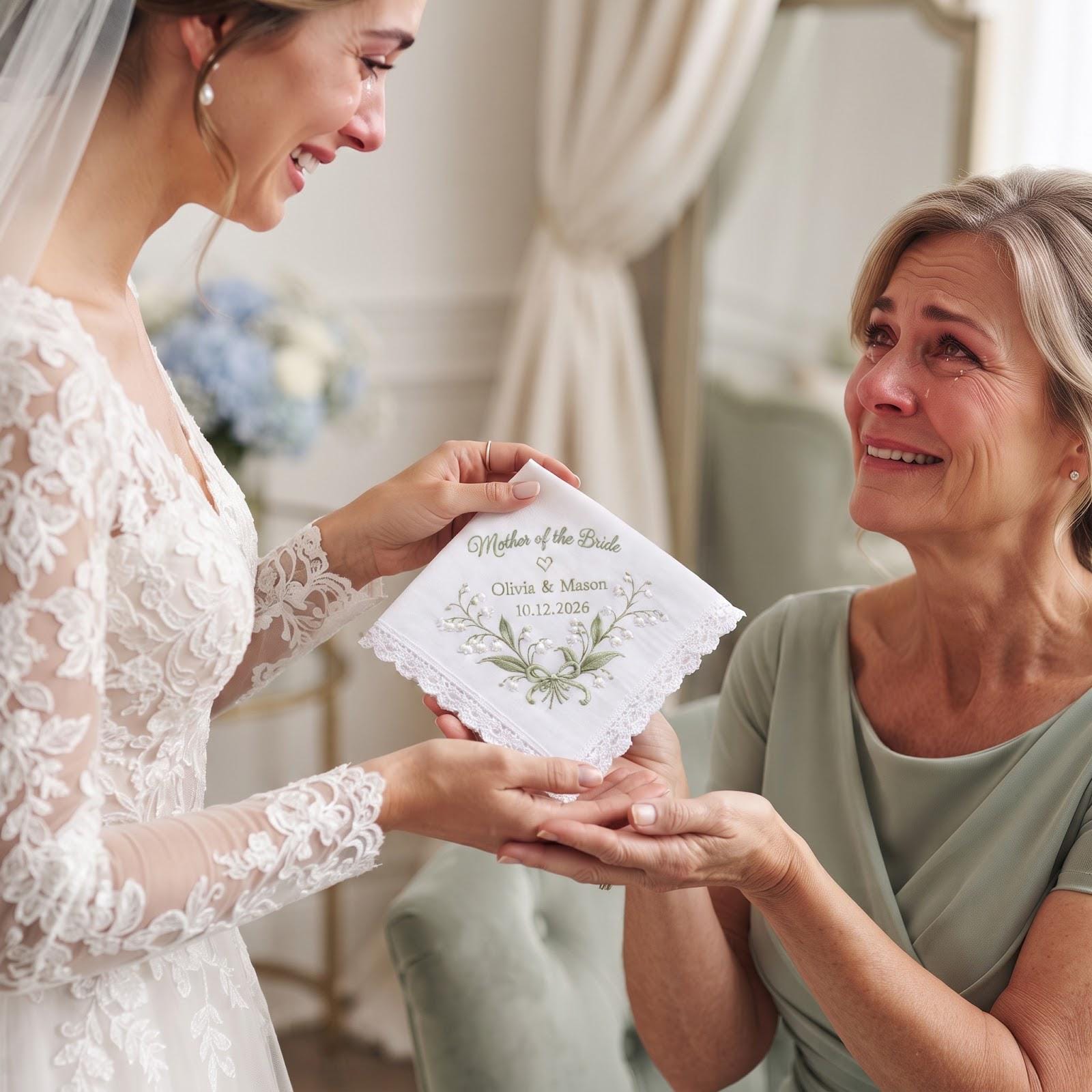 Embroidered Mother of the Bride and Groom Handkerchief – Personalized Wedding Hanky with Names and Date Floral Bridal Keepsake Gift for Mom - photo 8