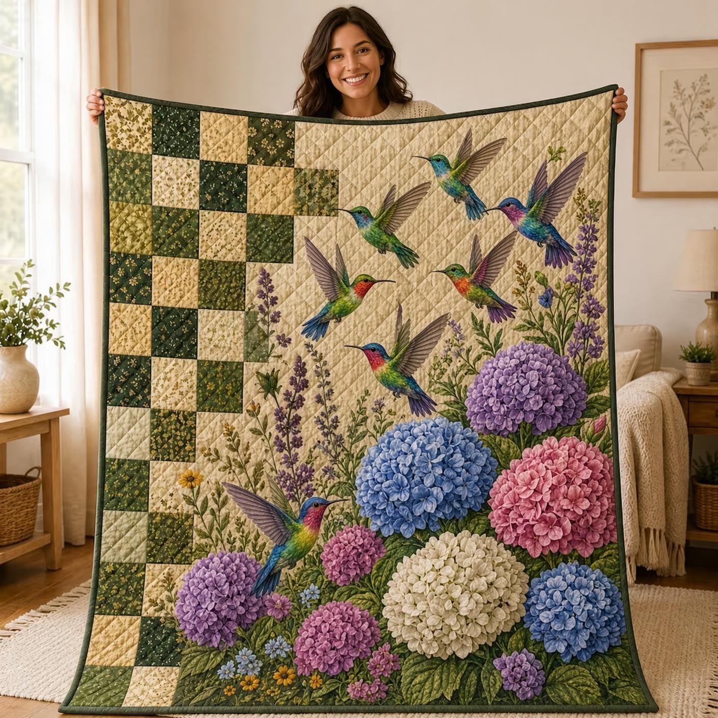 Hummingbird Blanket and Throw with Hydrangea Floral Garden Style, Quilt Botanical Bird Bedding for Cottagecore Nature Home Decor Gift, Lover