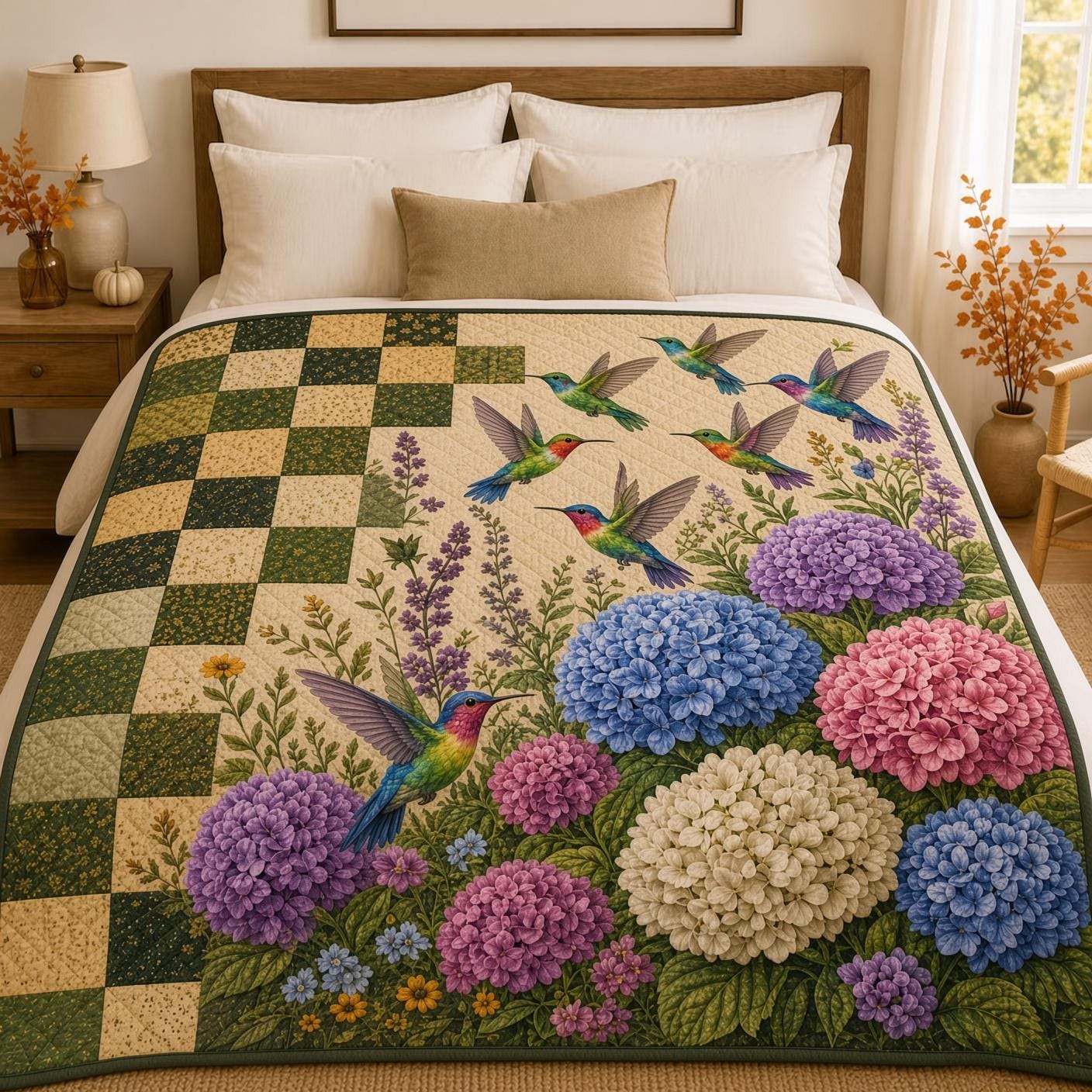 Hummingbird Blanket and Throw with Hydrangea Floral Garden Style, Quilt Botanical Bird Bedding for Cottagecore Nature Home Decor Gift, Lover - photo 2