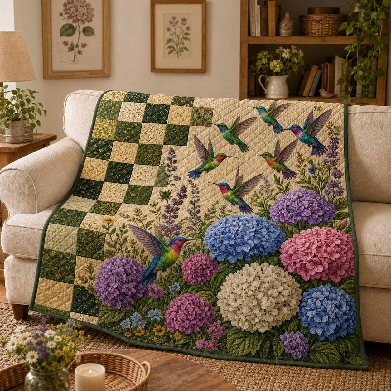 Hummingbird Blanket and Throw with Hydrangea Floral Garden Style, Quilt Botanical Bird Bedding for Cottagecore Nature Home Decor Gift, Lover - photo 5