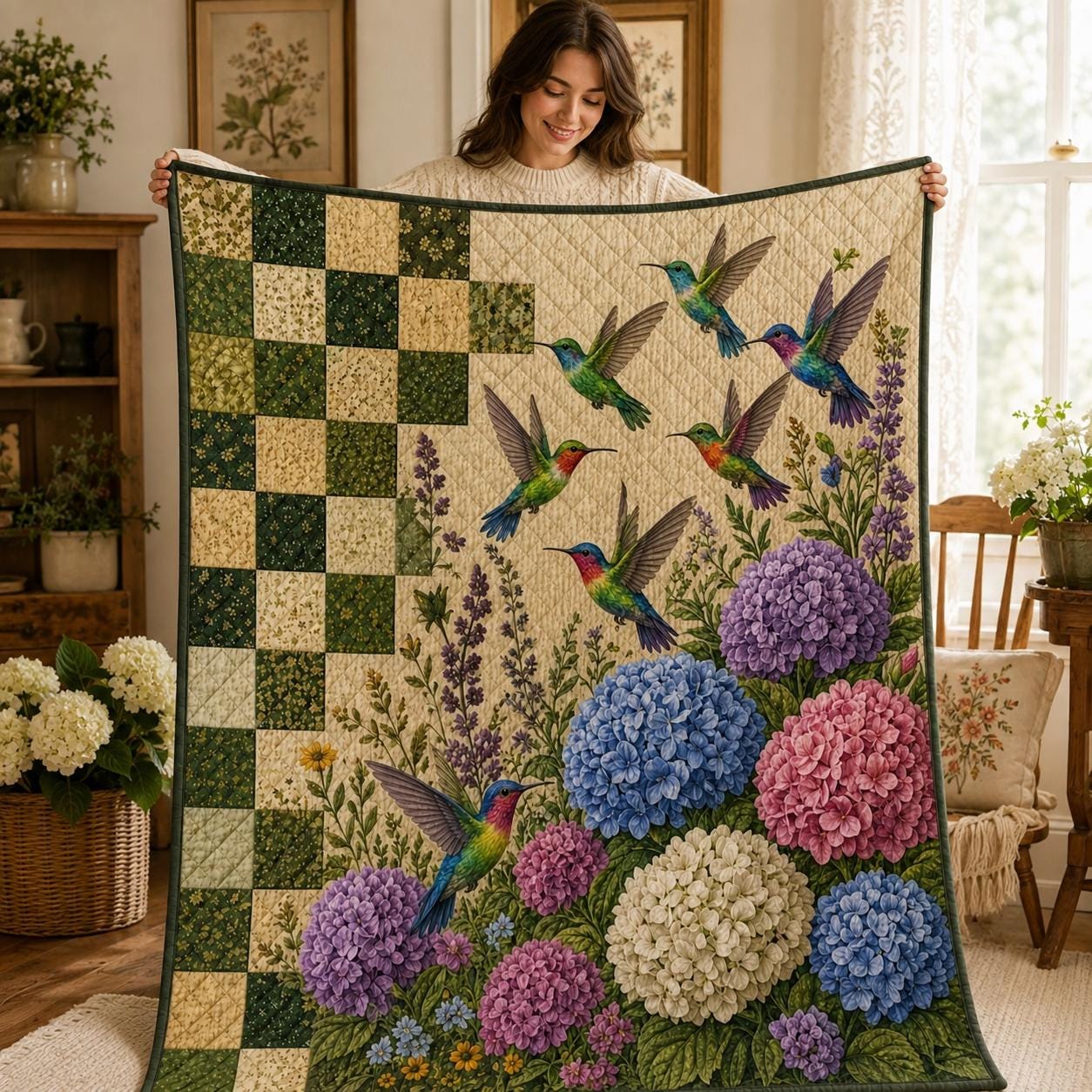 Hummingbird Blanket and Throw with Hydrangea Floral Garden Style, Quilt Botanical Bird Bedding for Cottagecore Nature Home Decor Gift, Lover - photo 6