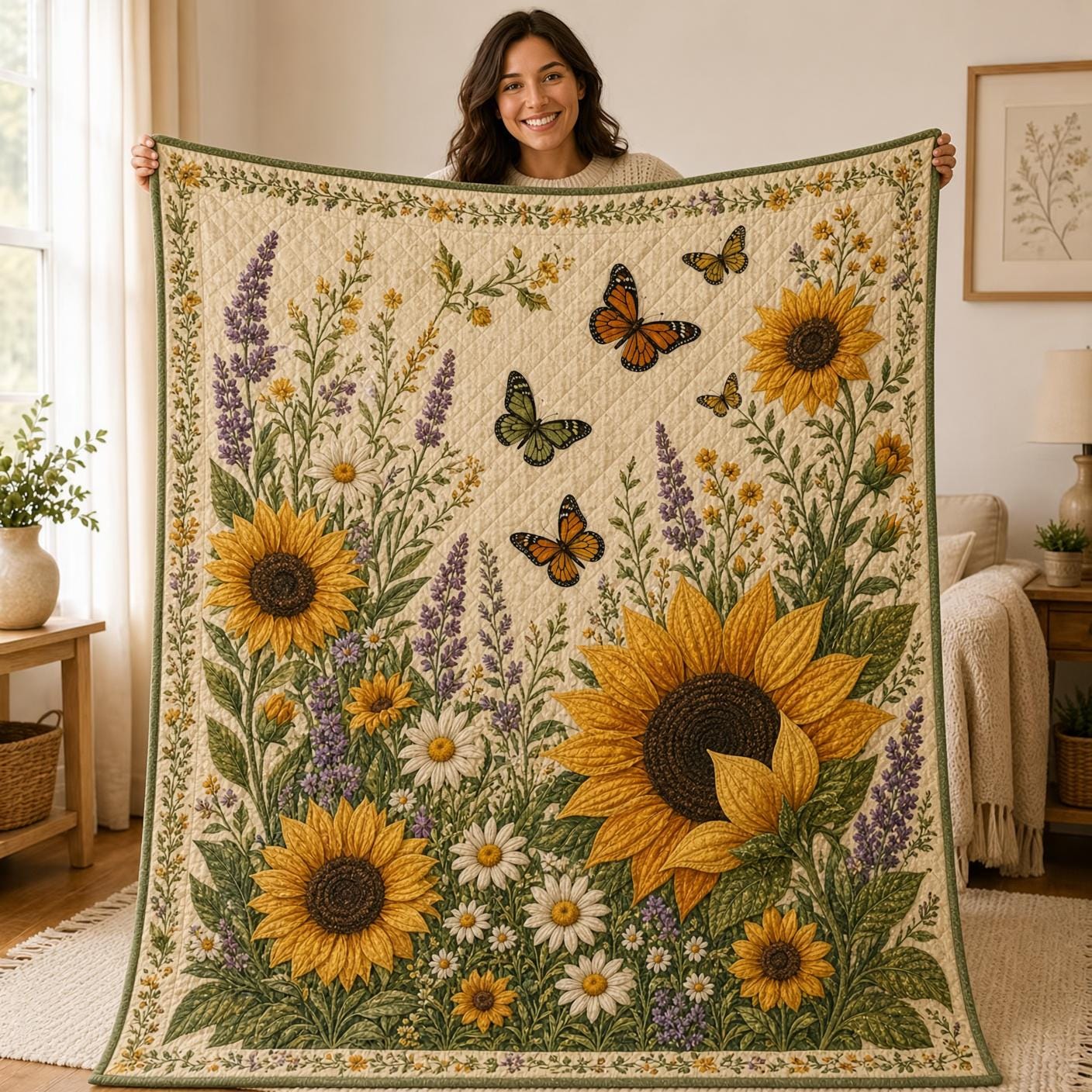 Sunflower Blanket and Throw with Butterfly Wildflower Garden Style, Quilt Floral Bedding for Cottagecore Summer Home Decor Gift, Nature Lover