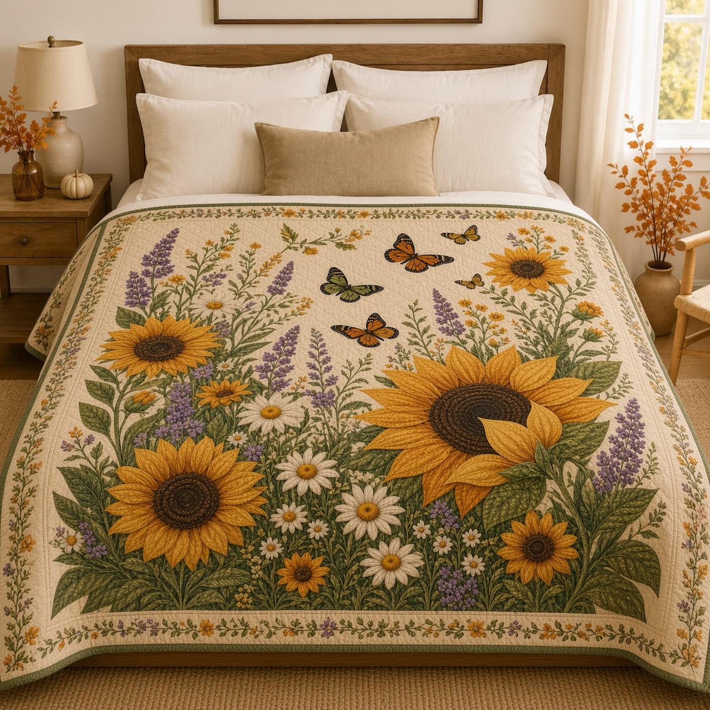 Sunflower Blanket and Throw with Butterfly Wildflower Garden Style, Quilt Floral Bedding for Cottagecore Summer Home Decor Gift, Nature Lover - photo 2
