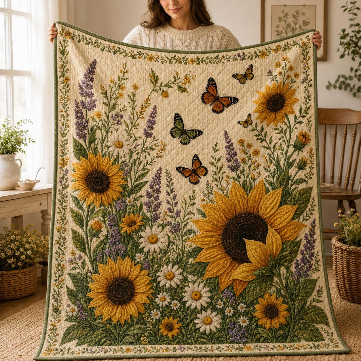 Sunflower Blanket and Throw with Butterfly Wildflower Garden Style, Quilt Floral Bedding for Cottagecore Summer Home Decor Gift, Nature Lover - photo 5
