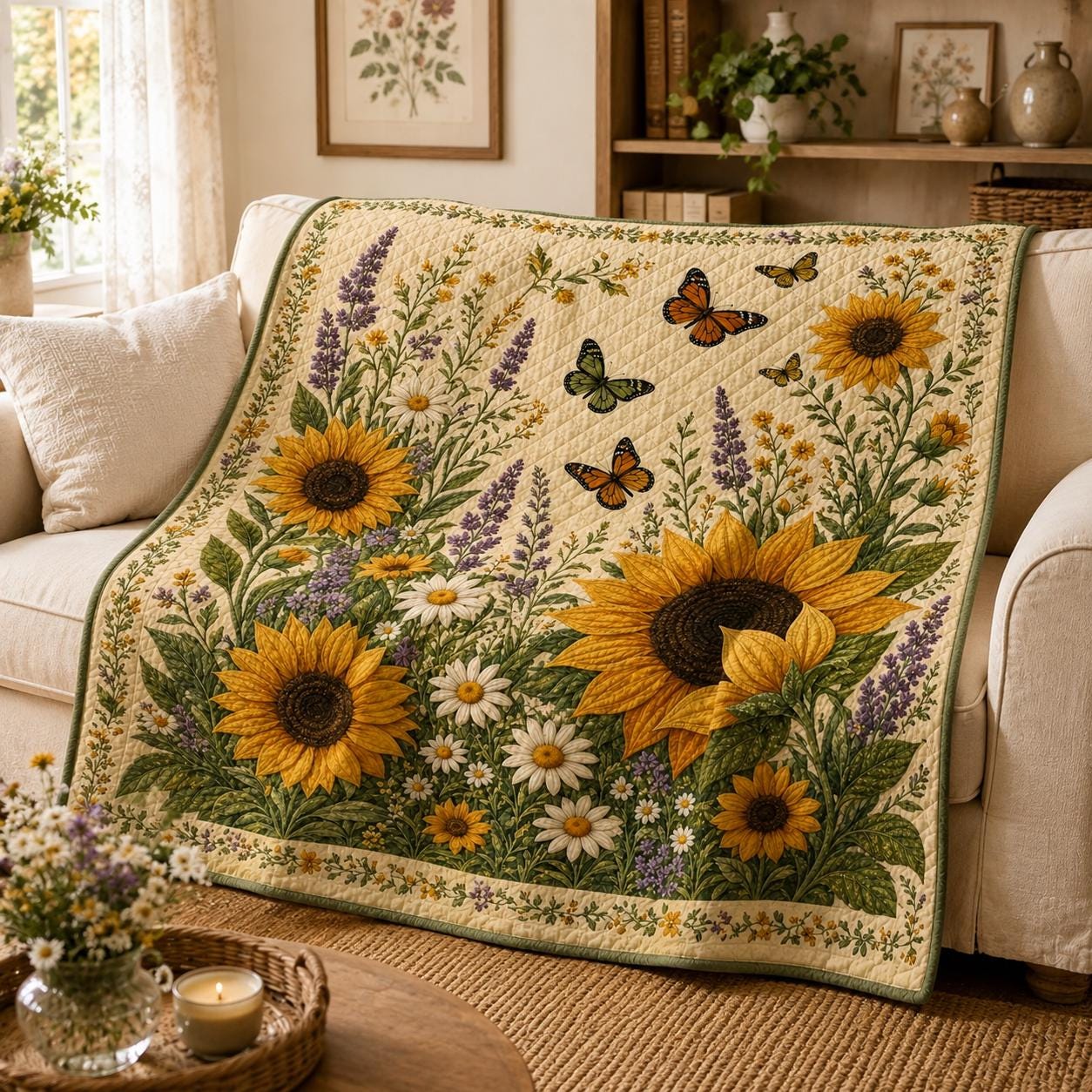Sunflower Blanket and Throw with Butterfly Wildflower Garden Style, Quilt Floral Bedding for Cottagecore Summer Home Decor Gift, Nature Lover - photo 6