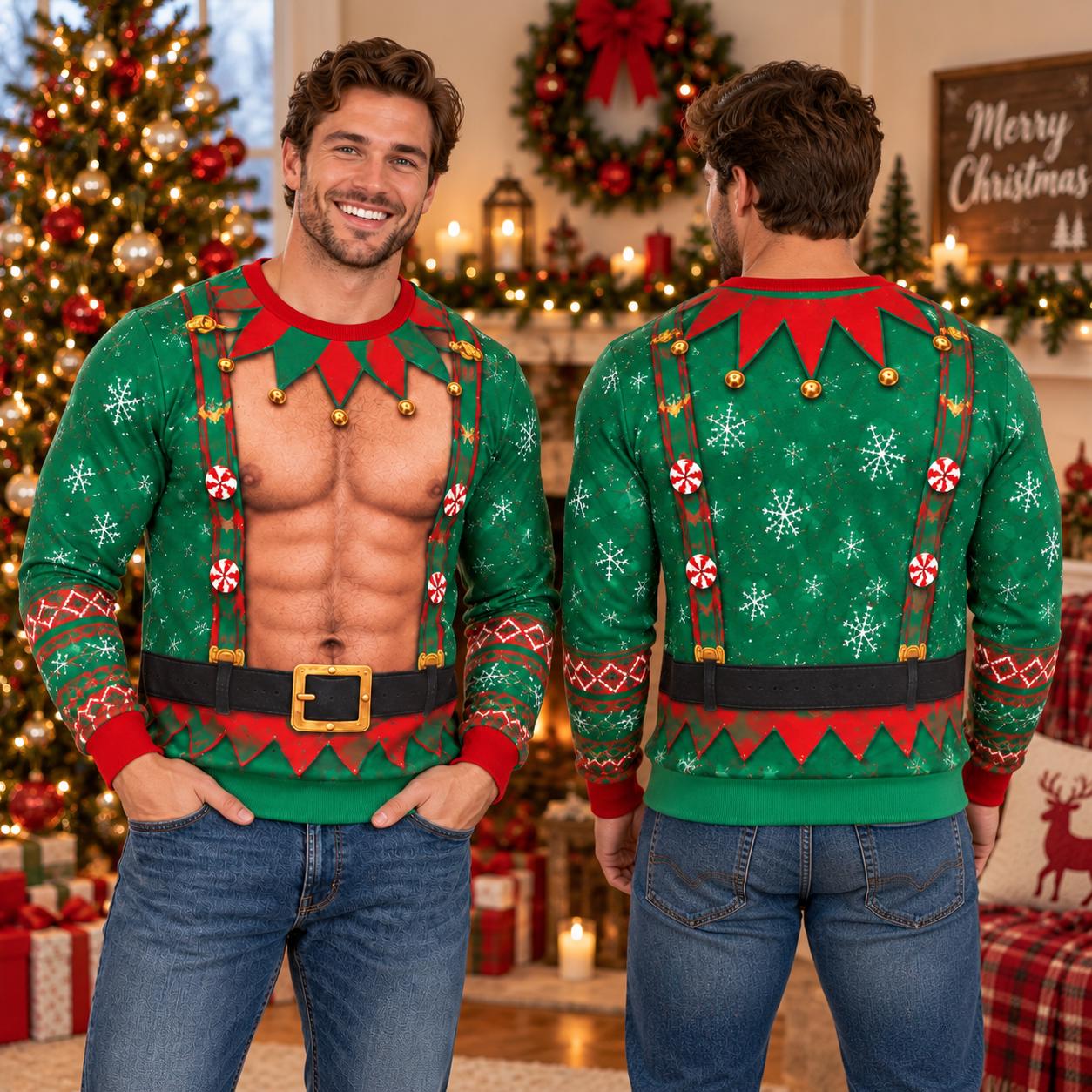 Funny Santa Bra Ugly Christmas Sweater – Hairy Chest 3D Illusion Sweatshirt, Hilarious Xmas Gag Gift for Husband Dad Grandpa