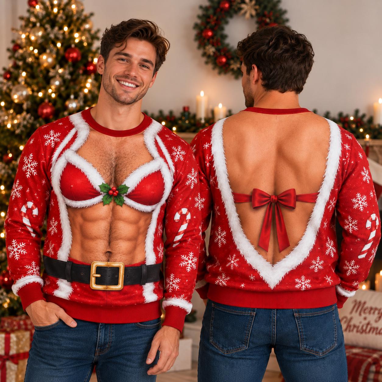 Funny Santa Bra Ugly Christmas Sweater – Hairy Chest 3D Illusion Sweatshirt, Hilarious Xmas Gag Gift for Husband Dad Grandpa - photo 2
