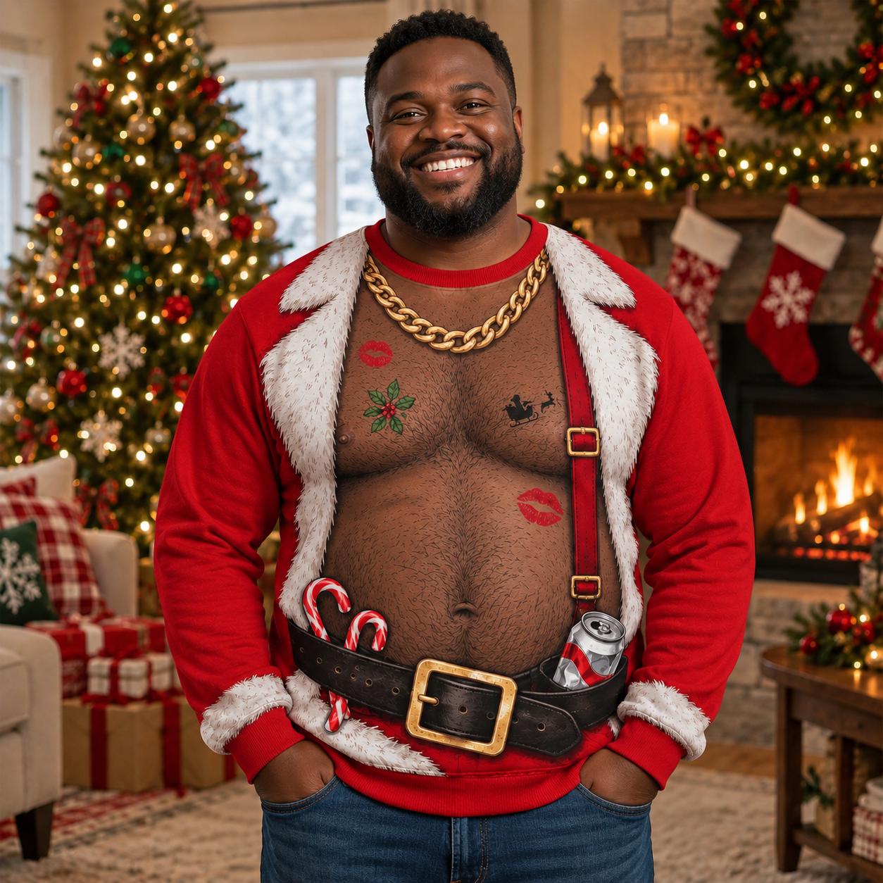 Funny Hairy Chest Ugly Christmas Sweater – Santa Elf Party Sweatshirt, Fake Belly Xmas Gag Gift for Men Husband Dad Grandpa