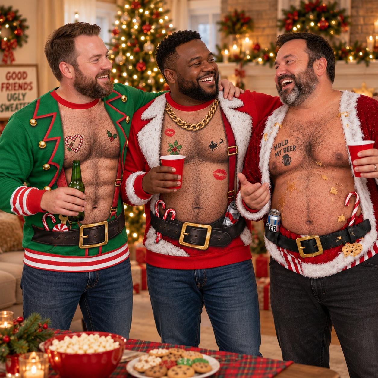 Funny Hairy Chest Ugly Christmas Sweater – Santa Elf Party Sweatshirt, Fake Belly Xmas Gag Gift for Men Husband Dad Grandpa - photo 3