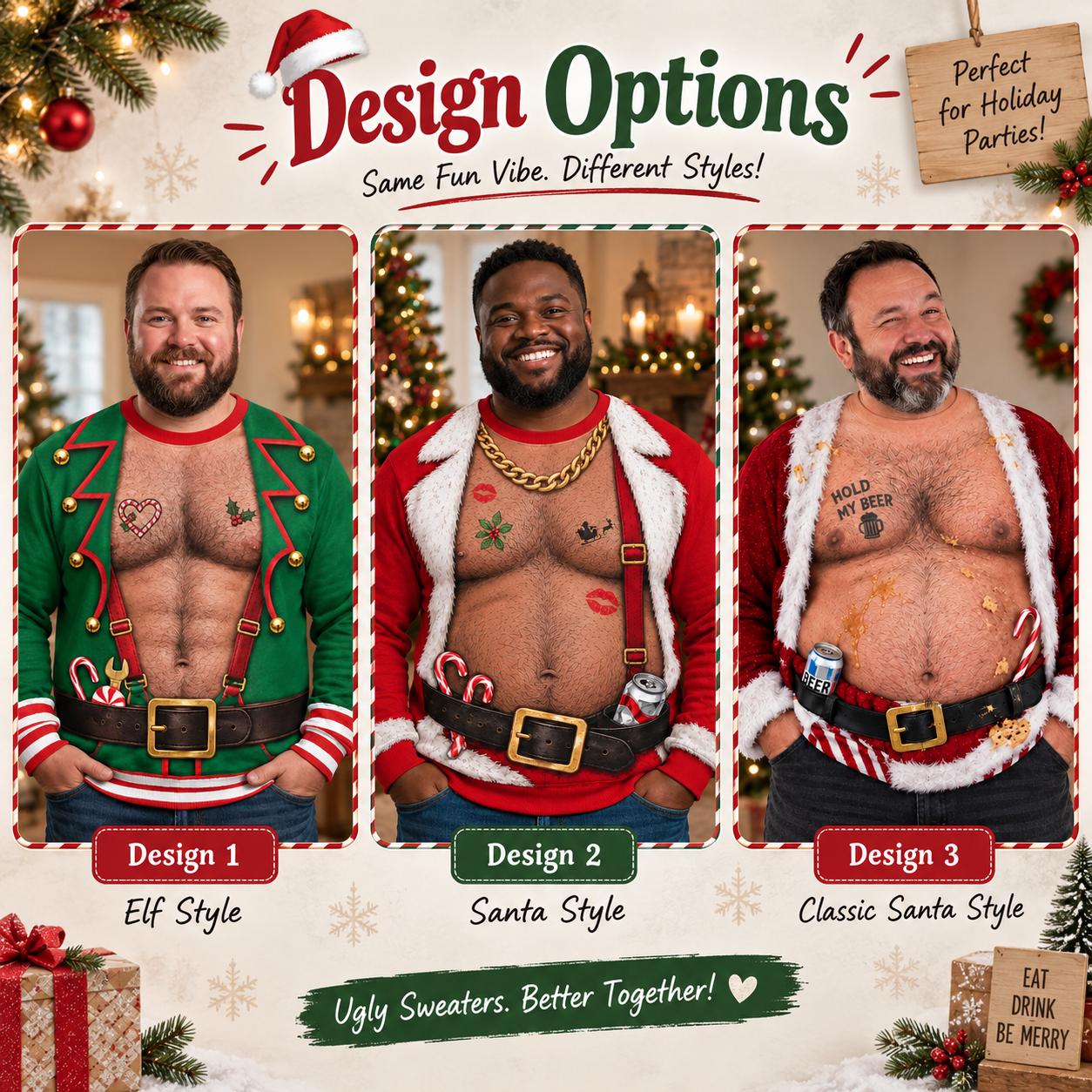 Funny Hairy Chest Ugly Christmas Sweater – Santa Elf Party Sweatshirt, Fake Belly Xmas Gag Gift for Men Husband Dad Grandpa - photo 4