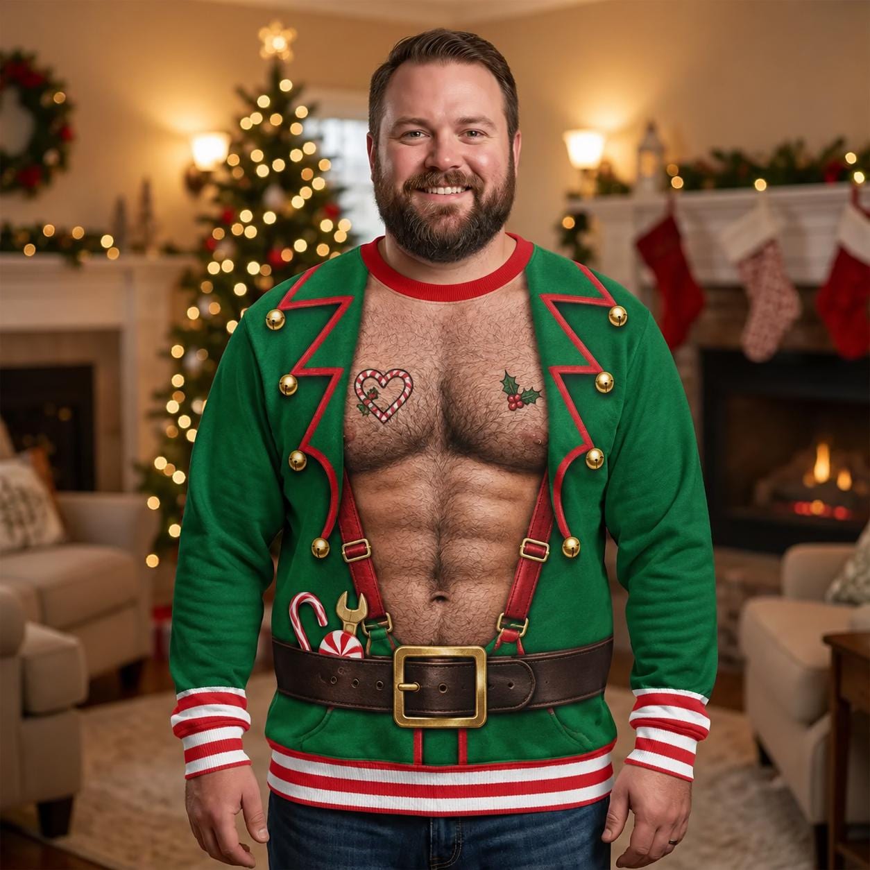 Funny Hairy Chest Ugly Christmas Sweater – Santa Elf Party Sweatshirt, Fake Belly Xmas Gag Gift for Men Husband Dad Grandpa - photo 7