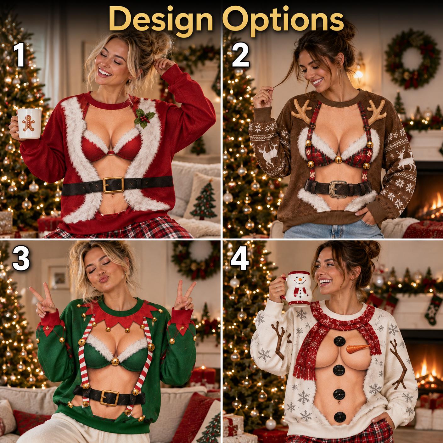 Funny Women Ugly Christmas Sweater – Santa Elf Reindeer Snowman Body Illusion Sweatshirt, Hilarious Xmas Party Gag Gift - photo 4