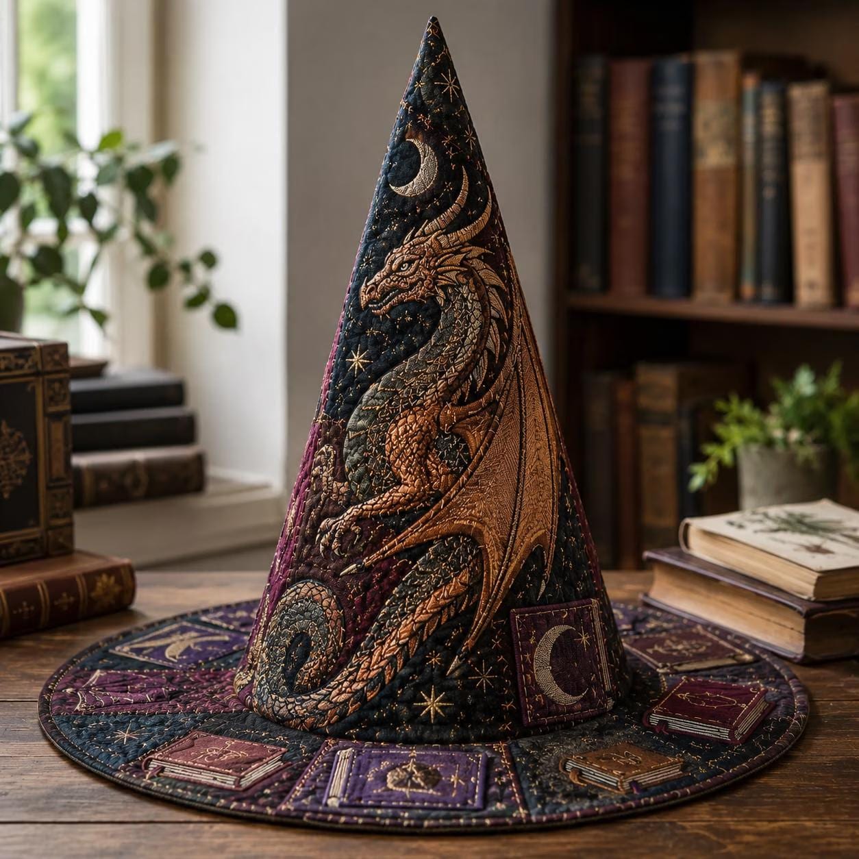 Dragon Witch Hat Decor β Quilted Celestial Witch Hat for Gothic Fantasy Tabletop, Halloween Shelf Decor, Dark Academia Decor