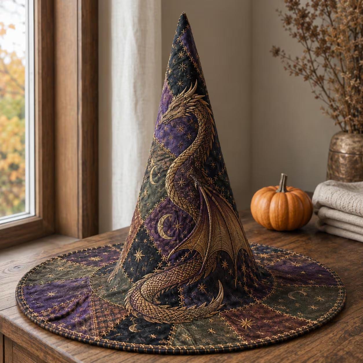 Dragon Witch Hat Decor – Quilted Celestial Witch Hat for Gothic Fantasy Tabletop, Halloween Shelf Decor, Dark Academia Decor - photo 2