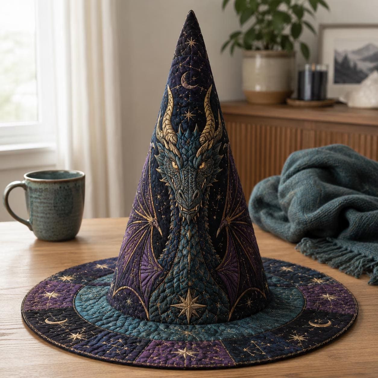 Dragon Witch Hat Decor – Quilted Celestial Witch Hat for Gothic Fantasy Tabletop, Halloween Shelf Decor, Dark Academia Decor - photo 5