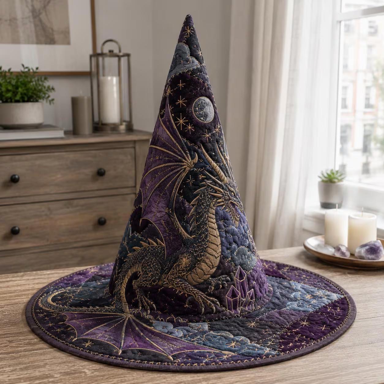 Dragon Witch Hat Decor – Quilted Celestial Witch Hat for Gothic Fantasy Tabletop, Halloween Shelf Decor, Dark Academia Decor - photo 6