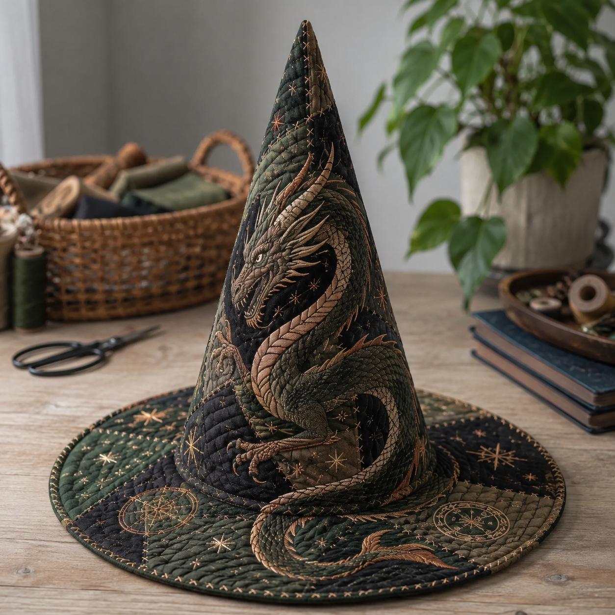 Dragon Witch Hat Decor – Quilted Celestial Witch Hat for Gothic Fantasy Tabletop, Halloween Shelf Decor, Dark Academia Decor - photo 7