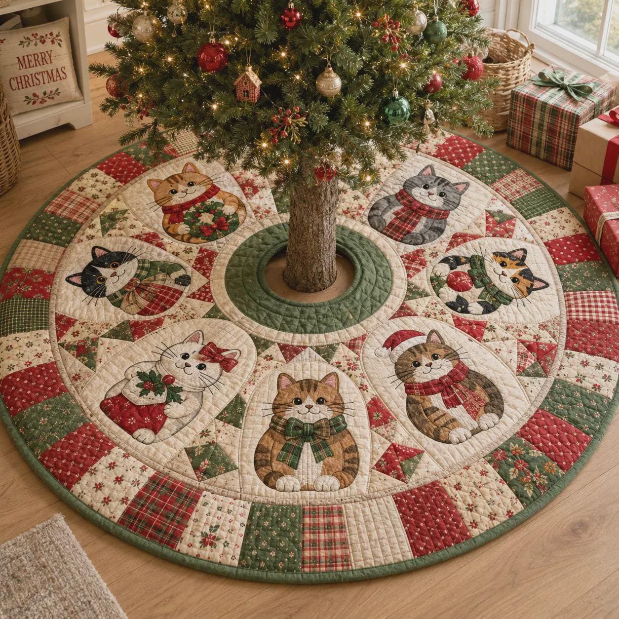 Cat Christmas Tree Skirt – Quilt Style Holiday Tree Skirt with Cute Christmas Cats Decor, Pet Lover Xmas Tree Base Cover