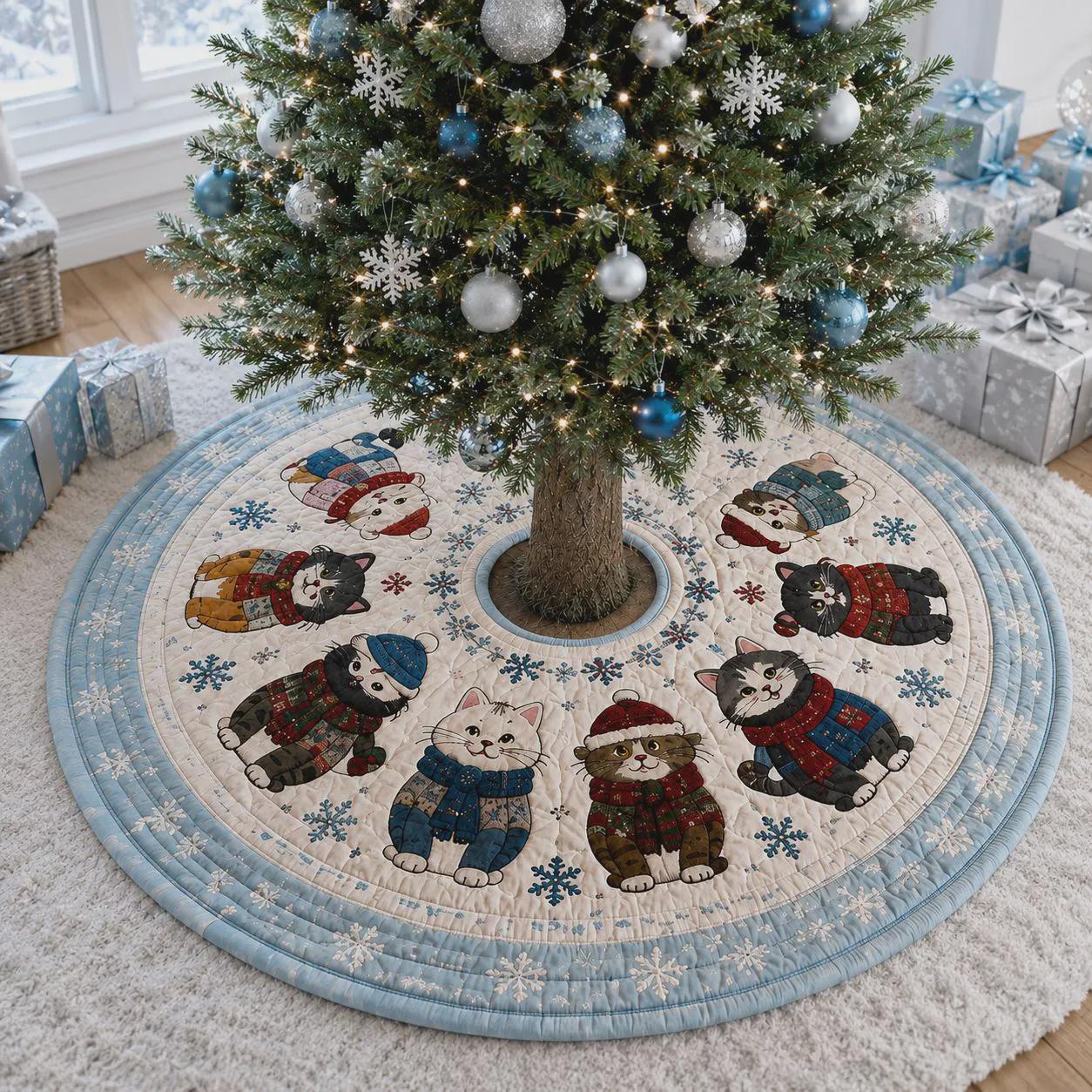 Cat Christmas Tree Skirt – Quilt Style Holiday Tree Skirt with Cute Christmas Cats Decor, Pet Lover Xmas Tree Base Cover - photo 2