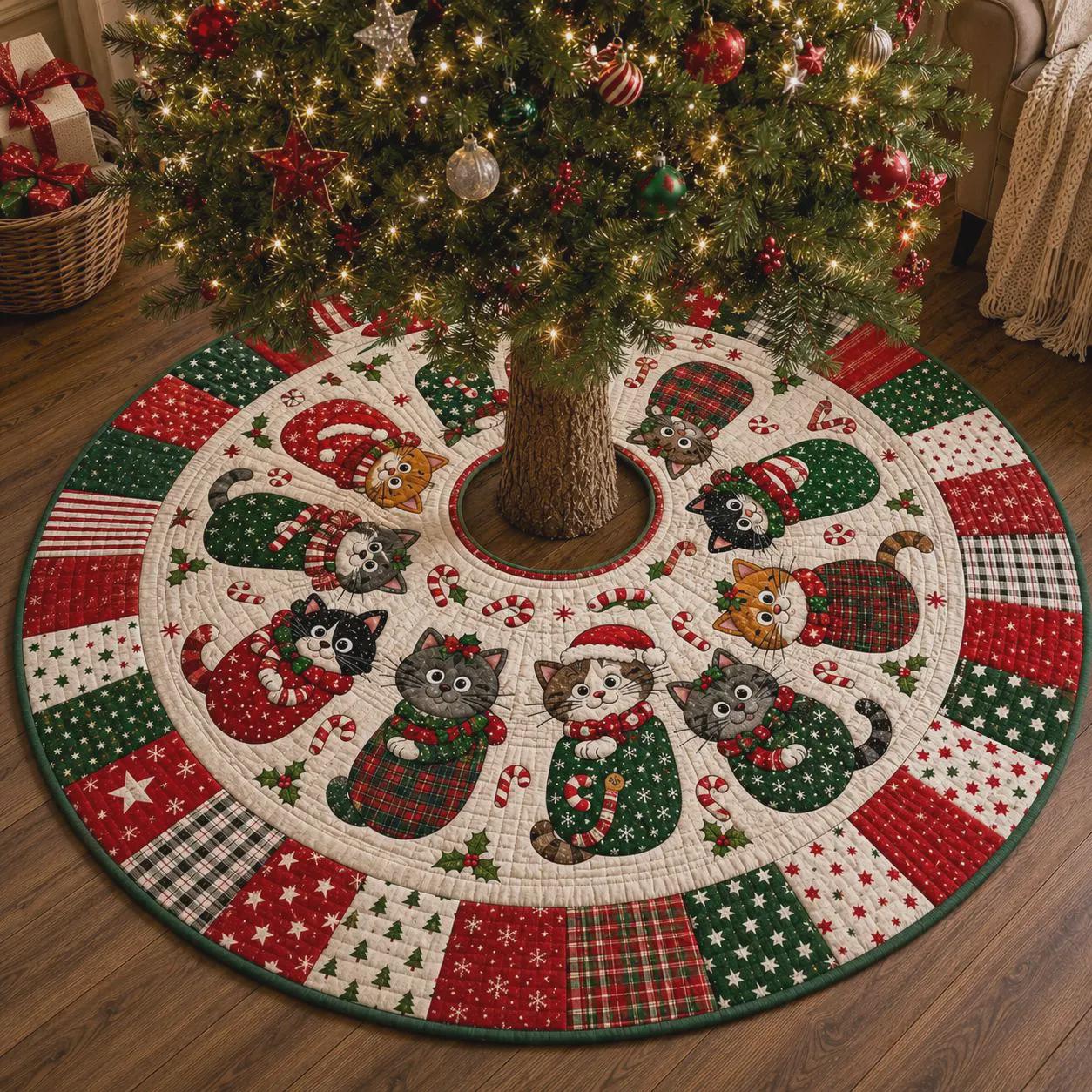 Cat Christmas Tree Skirt – Quilt Style Holiday Tree Skirt with Cute Christmas Cats Decor, Pet Lover Xmas Tree Base Cover - photo 3