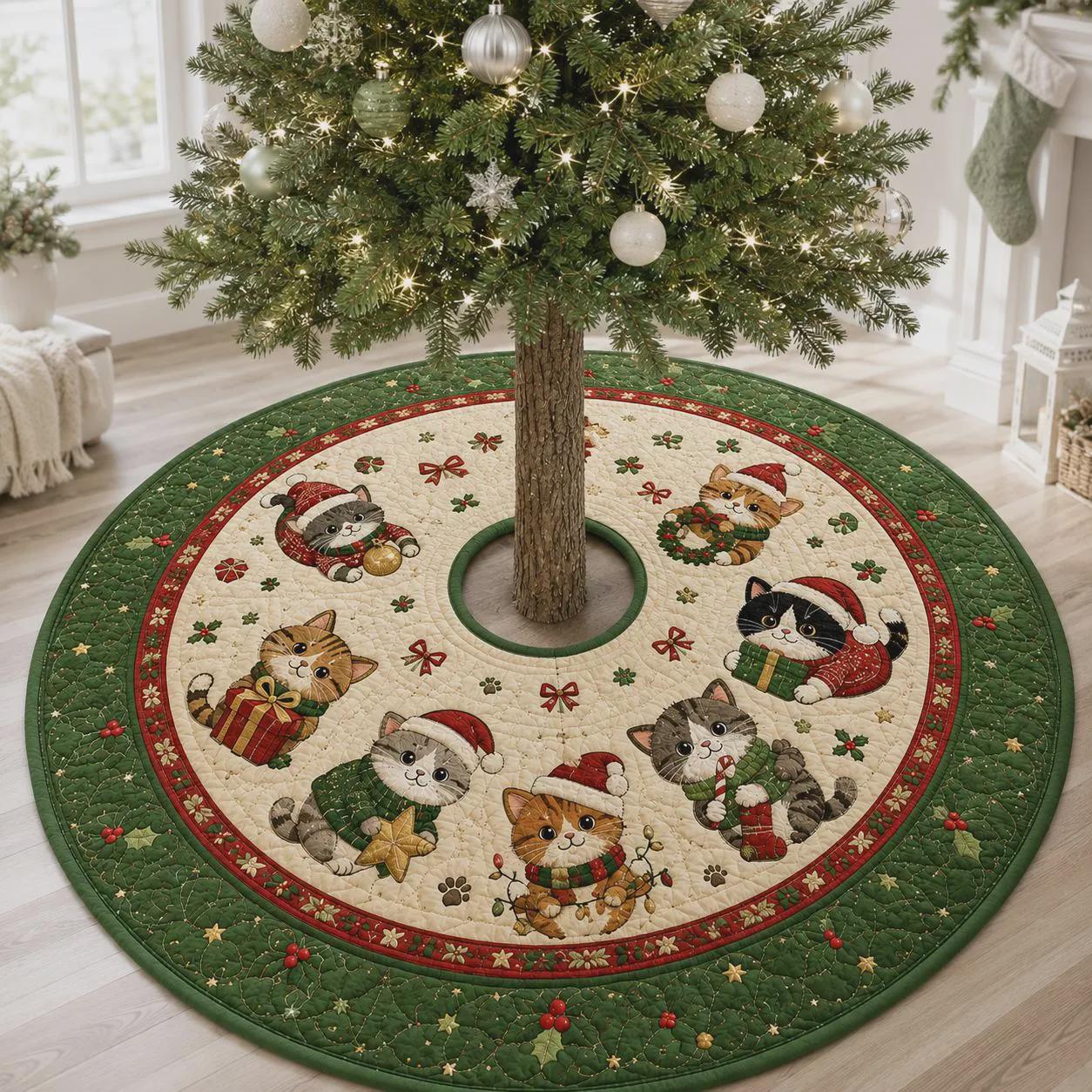 Cat Christmas Tree Skirt – Quilt Style Holiday Tree Skirt with Cute Christmas Cats Decor, Pet Lover Xmas Tree Base Cover - photo 4
