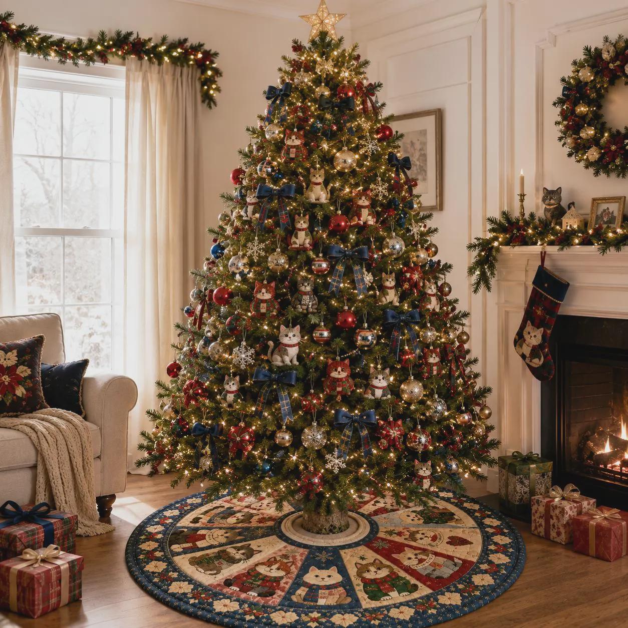 Cat Christmas Tree Skirt – Quilt Style Holiday Tree Skirt with Cute Christmas Cats Decor, Pet Lover Xmas Tree Base Cover - photo 8