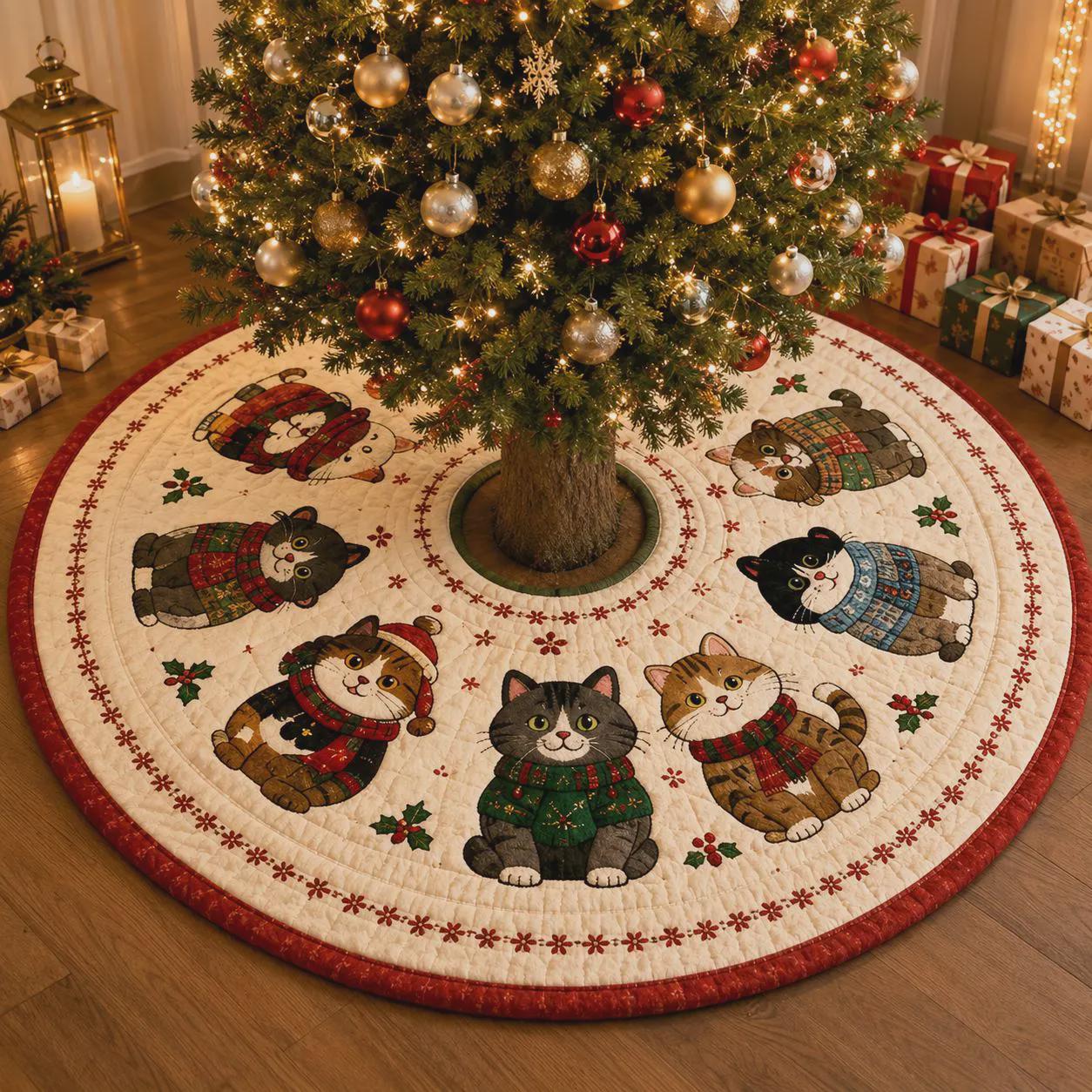Cat Christmas Tree Skirt – Quilt Style Holiday Tree Skirt with Cute Christmas Cats Decor, Pet Lover Xmas Tree Base Cover - photo 9